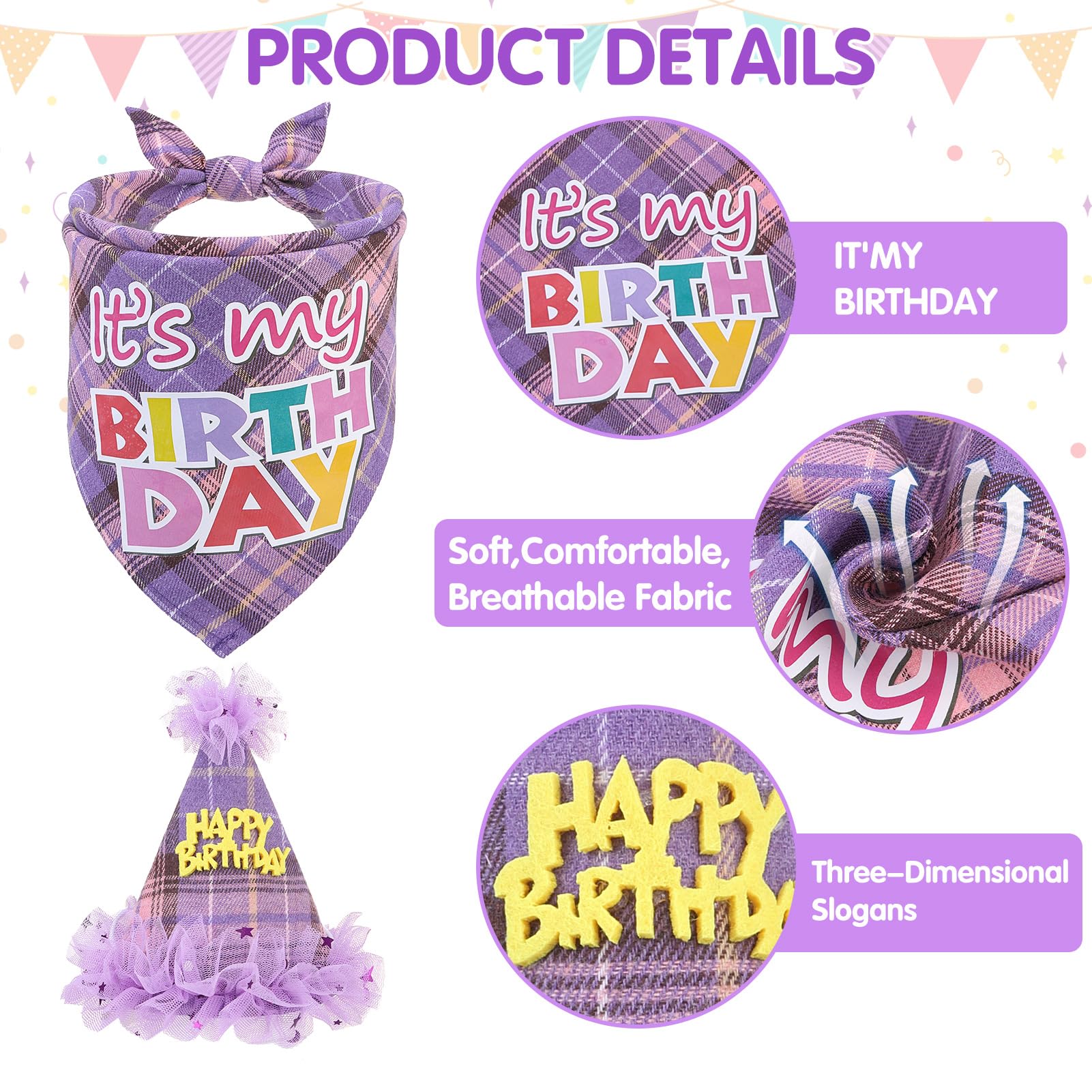 SCENEREAL Dog Birthday Bandana Hat with Dress Girl Set Party Supplies Plaid Puppy Birthday Outfit Cute Dog Tutus for Small Mediu