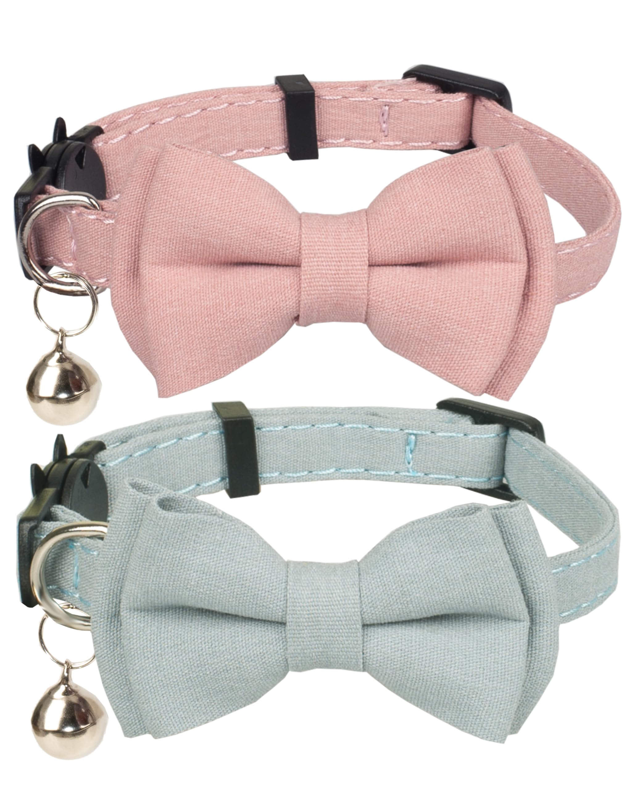 Gyapet Cat Collar Breakaway Bowtie Safety With Bell Adjustbale Kitten Puppy Solid Plaid Color Set A-[2Pcs] Pink & Blue