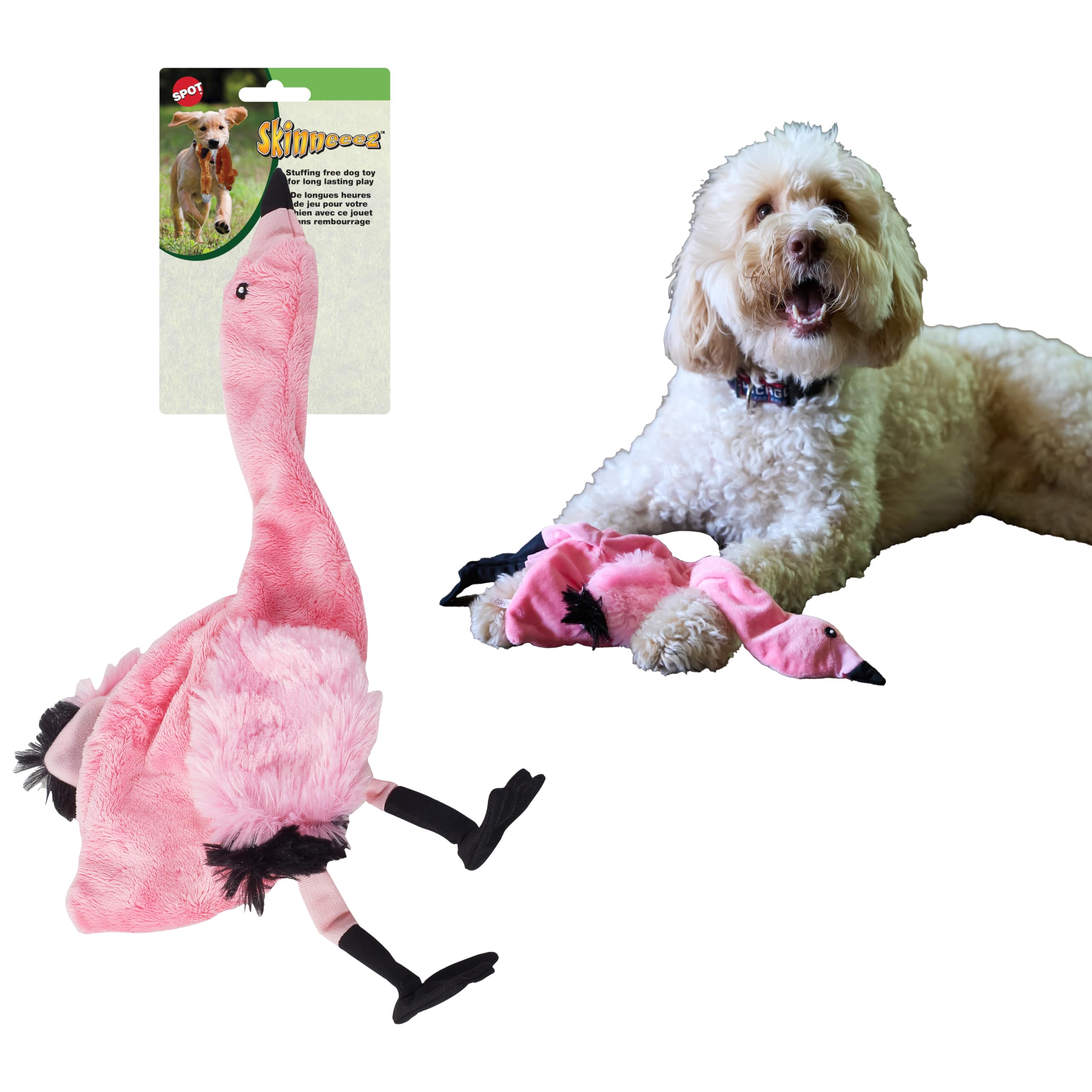 SPOT Skinneeez Flamingo 19 Inch Stuffing-Free Plush Dog Toy with Dual Squeakers - Long Interactive Chew Toy for Medium and Large