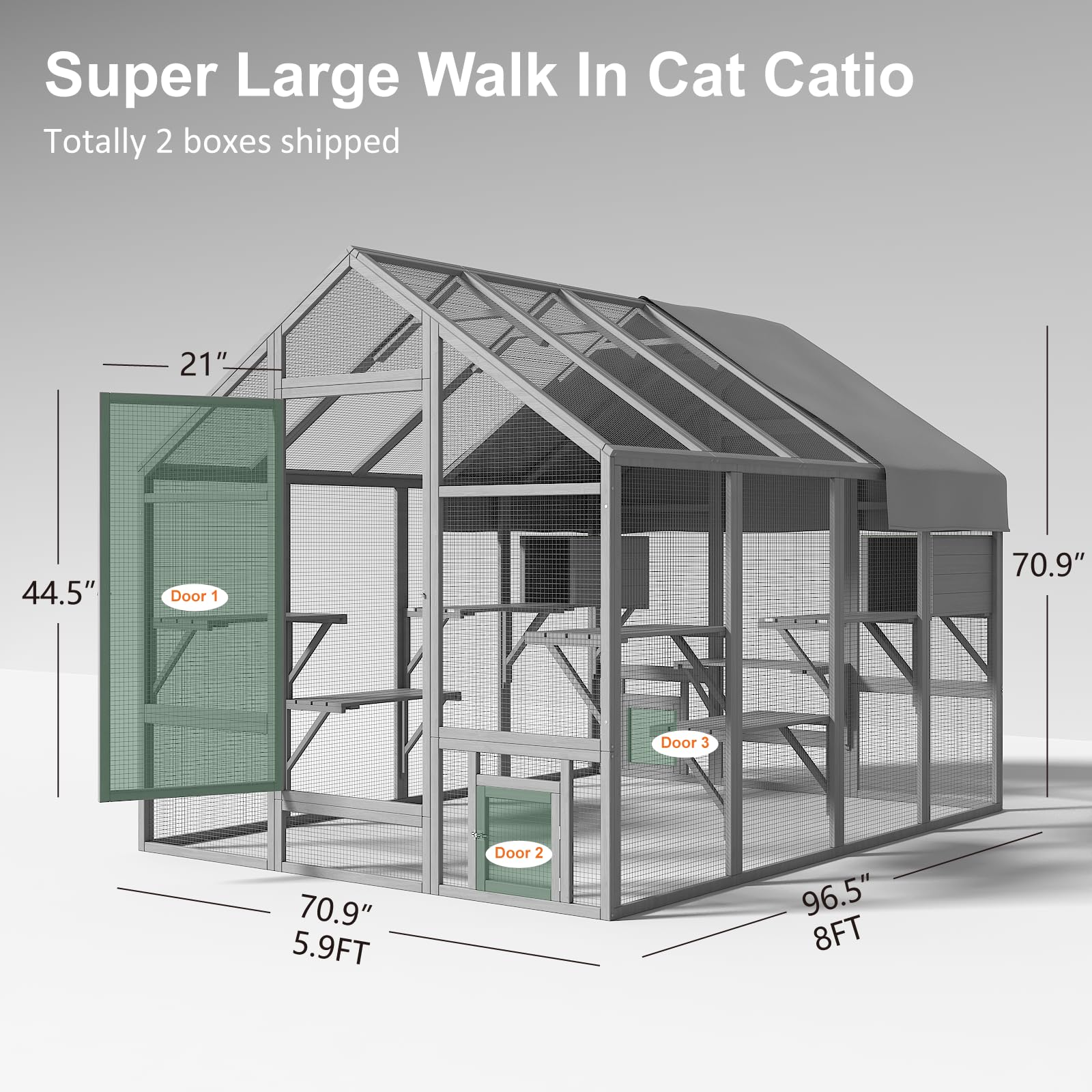 TIMHAKA Large Cat Catio Enclosure, Grey Wooden Cat House, 71 x 71 x 97 inch, 7 Platforms, 2 Resting Boxes, Waterproof & UV Proof Cover