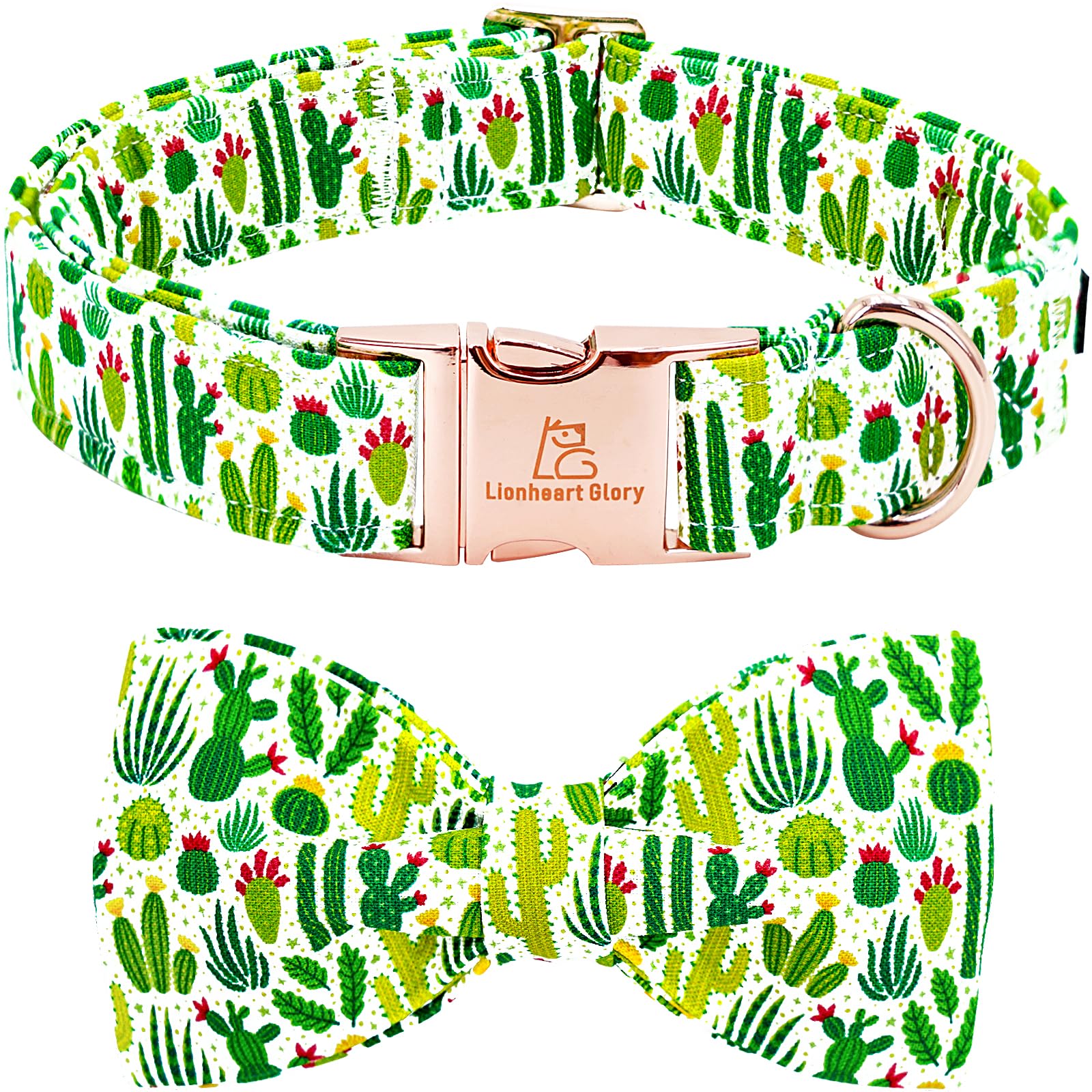 Lionheart Glory Dog Bow Collar Green Cactus Print Collars For Small Dogs,Spring Summer Cute Dog Collar With Bowtie Pet Collars B
