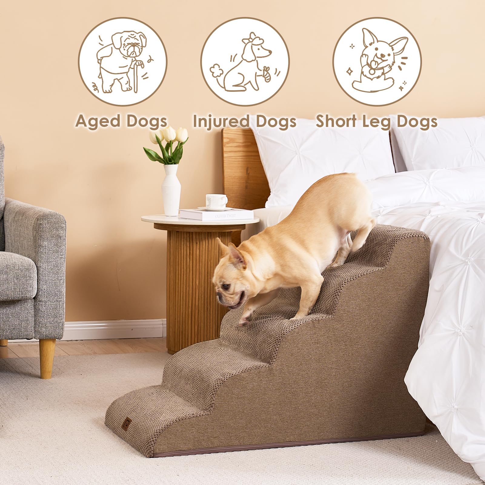 EHEYCIGA Curved Dog Stairs Ramp - 5-Step Pet Steps for High Beds, Non-Slip, Camel Color, Model ECUS23PPT10FB25FI