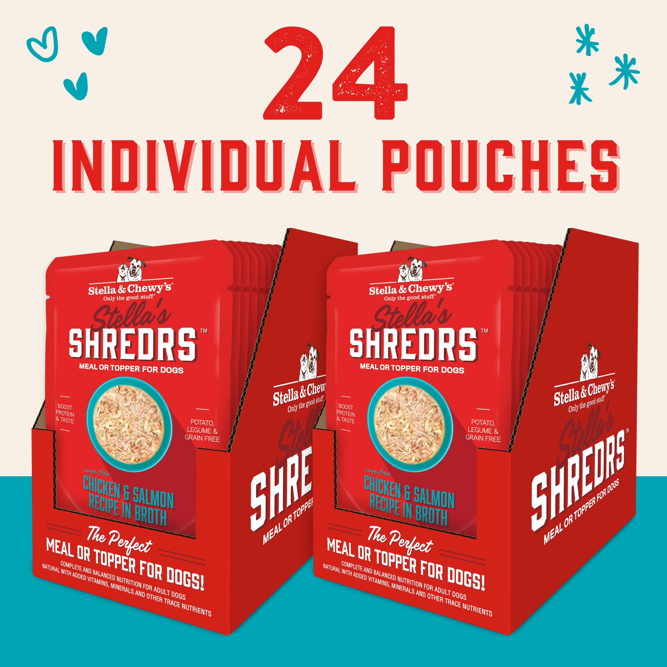 Stella & Chewys Cage Free Chicken & Salmon Shredrs - Premium Dog Food Pouches - Perfect For Picky Eaters- 24 Pack, 2.8oz Each