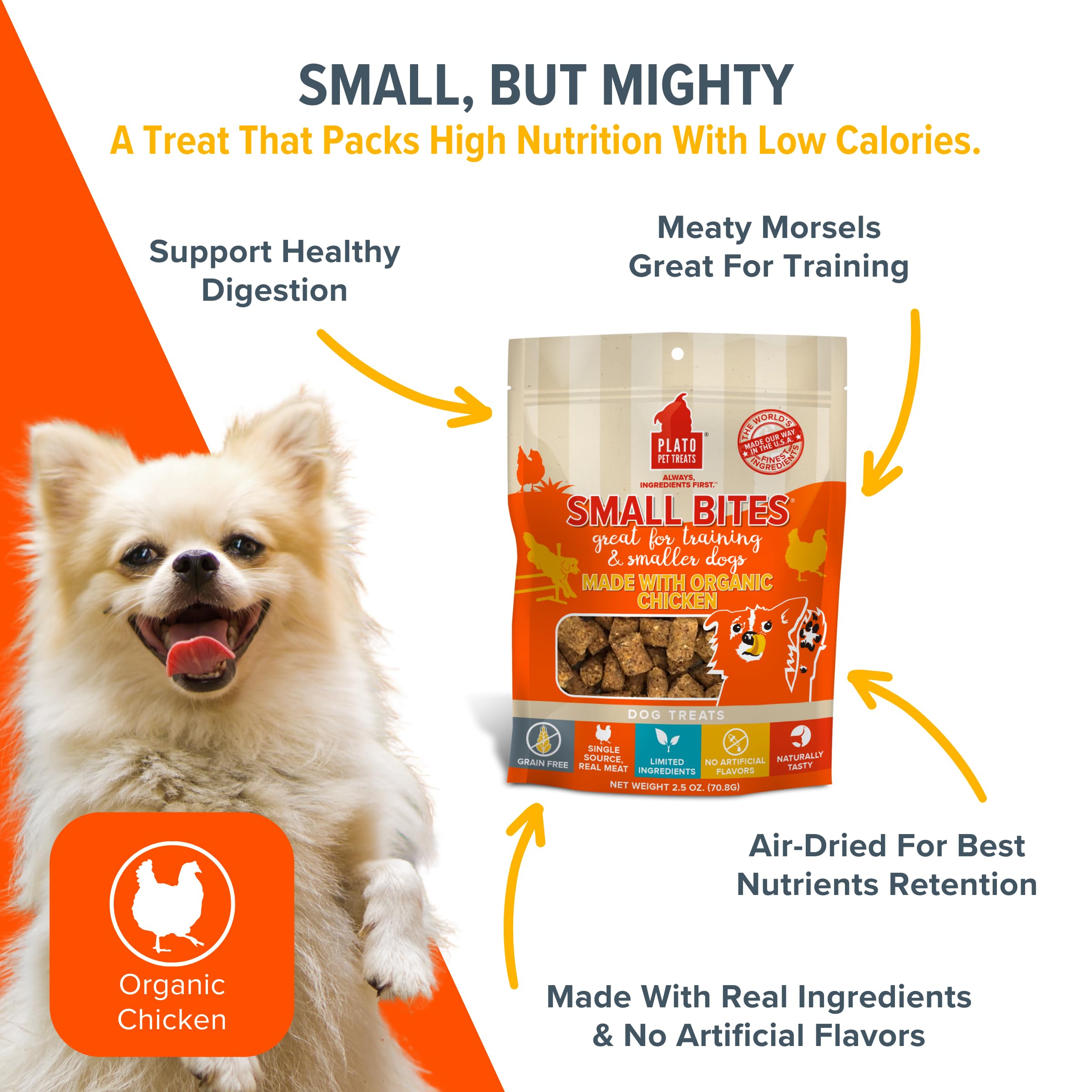 PLATO Small Bites Dog Treats, Natural Bite Sized Real Meat & Chicken Flavor, Grain Free & High in Protein, Air Dried Authentic I