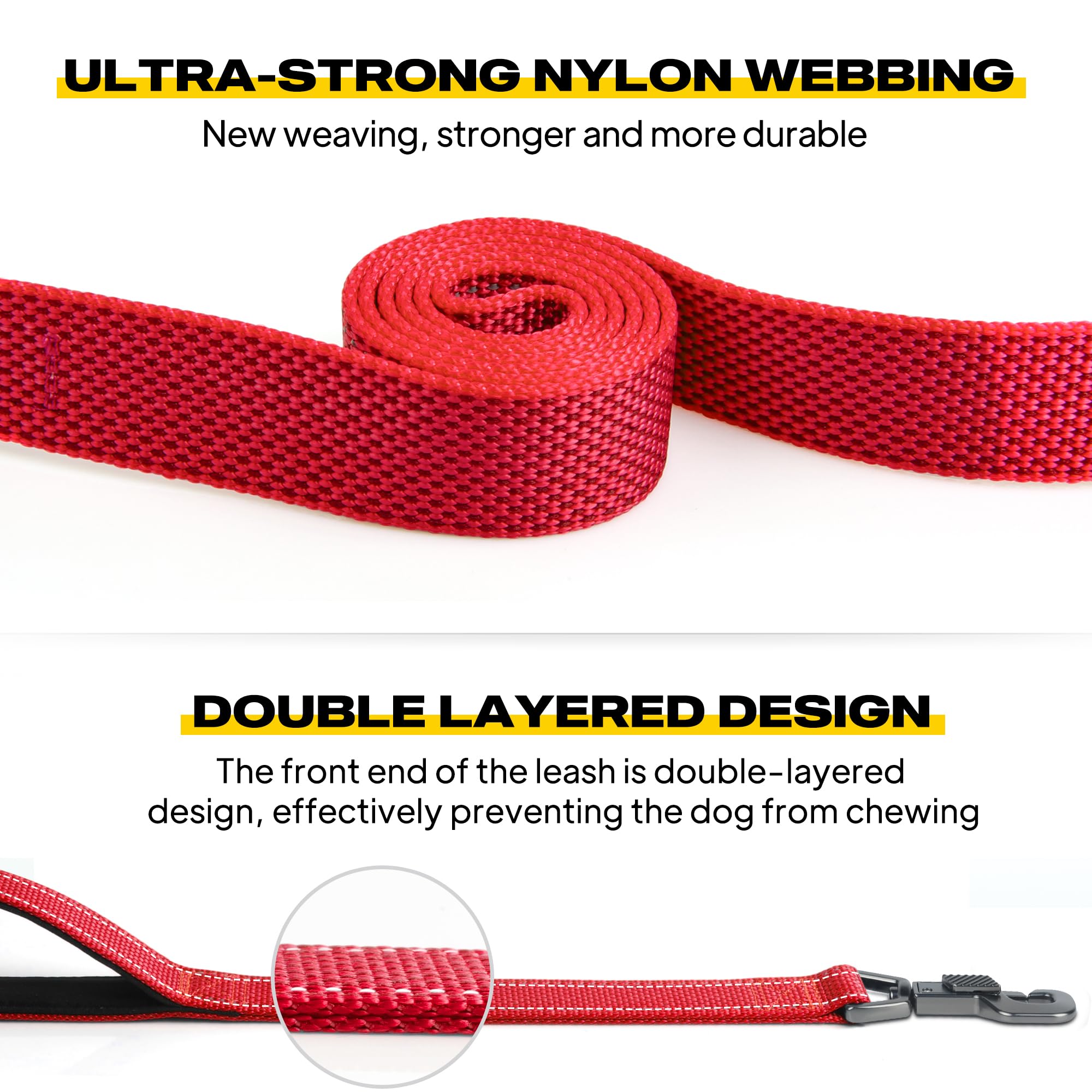 Fida Heavy Duty Dog Leash - 5 FT Nylon with Padded Handles, Reflective, Red