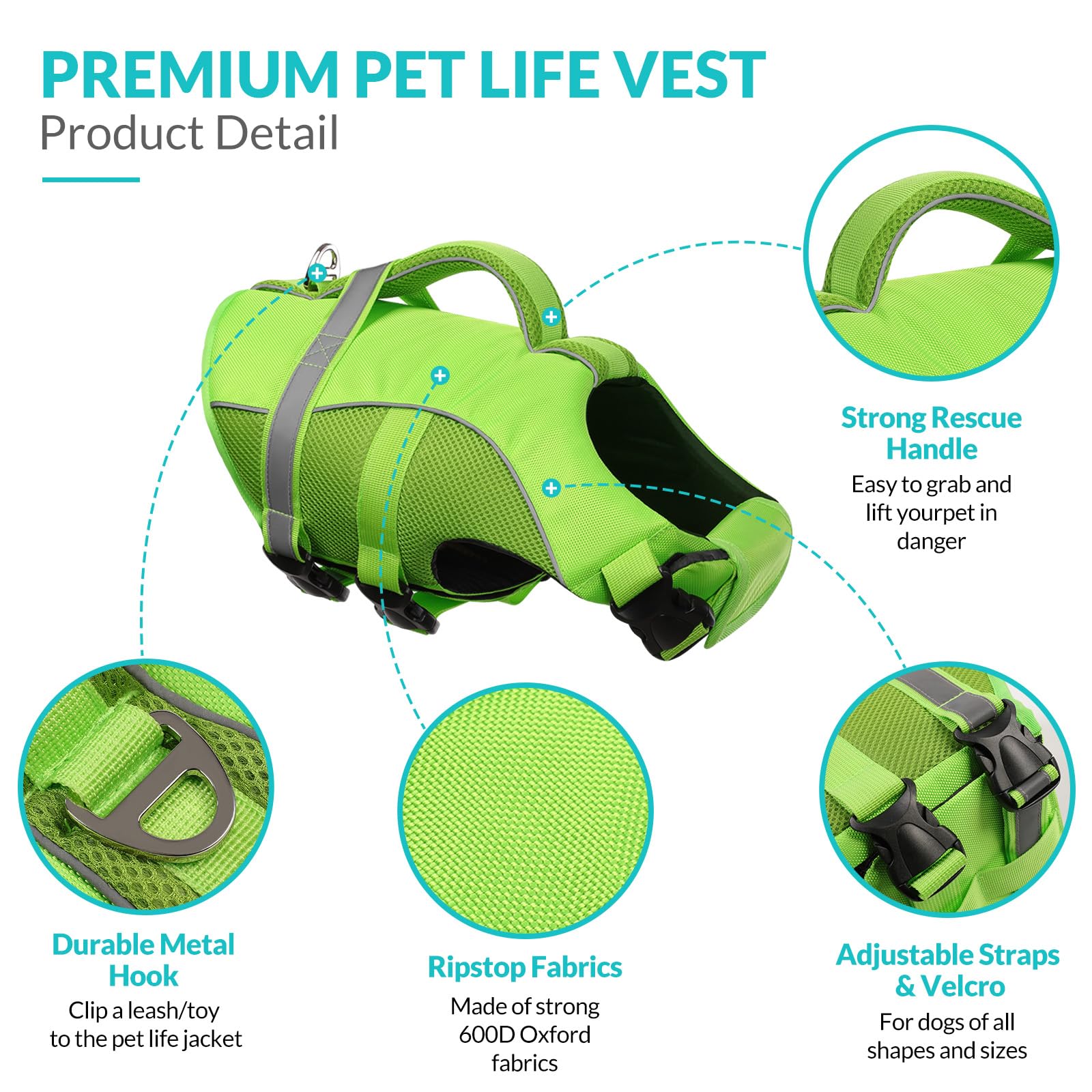 Queenmore Adjustable Ripstop Dog Life Vest For Swimming & Boating, Dog Lifesaver With Superior Buoyancy & Rescue Handle, Green,