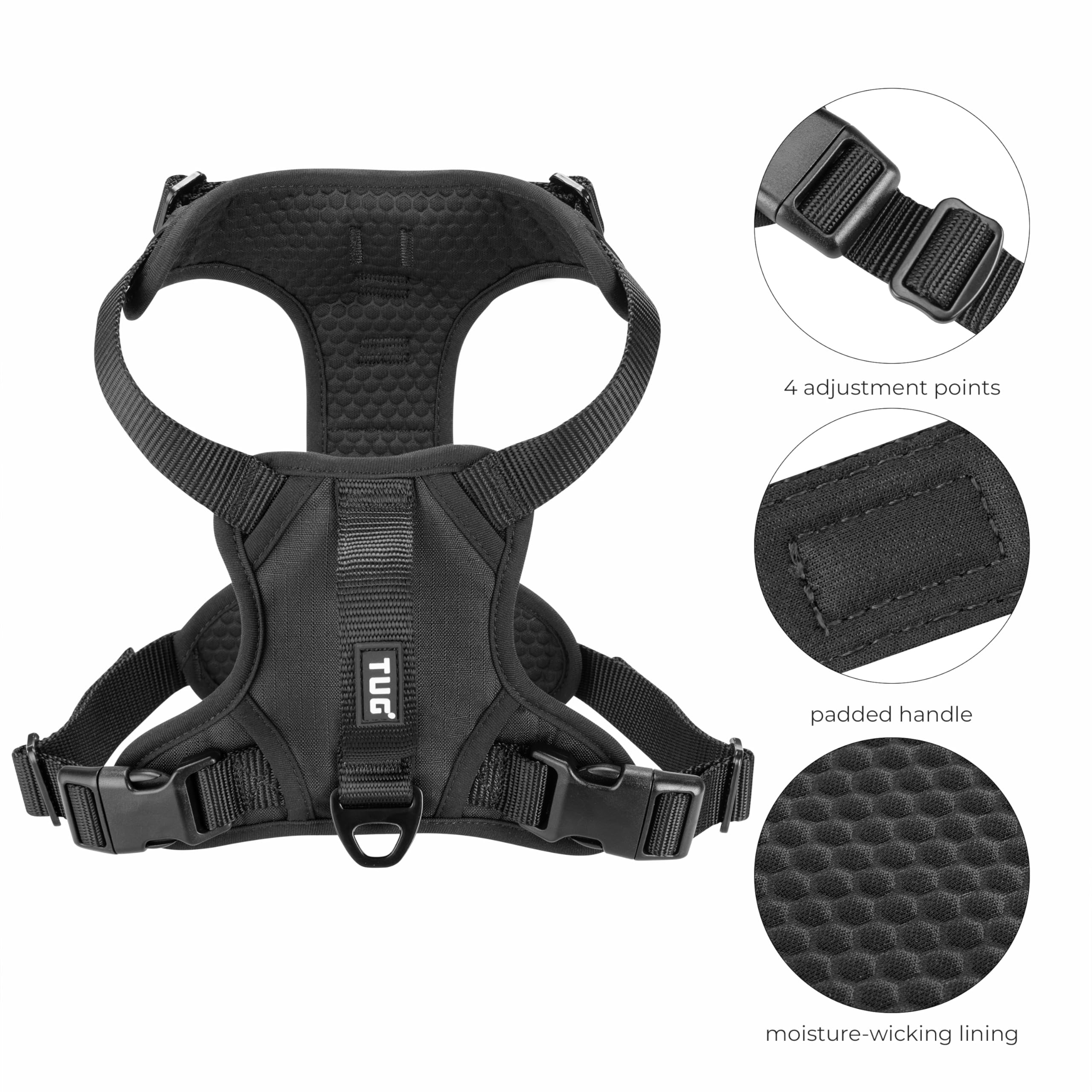 Tug Dog Harness With 2 Leash Connection Points | Adjustable, Padded, Lightweight | Handle On Back | No-Pull Front Clip (Xl, Blac