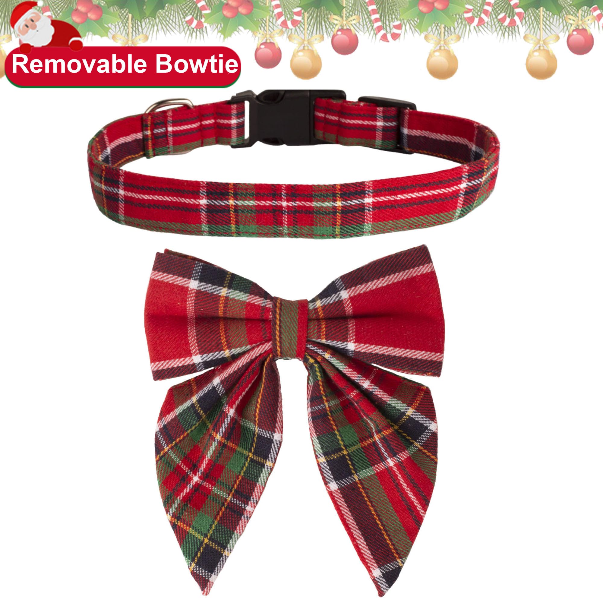 Adoggygo Christmas Dog Collar With Bow, Adjustable Cotton Red Green Plaid Bowtie Dog Christmas Collars For Small Medium Large Dogs Pets (Medium, Xmas)