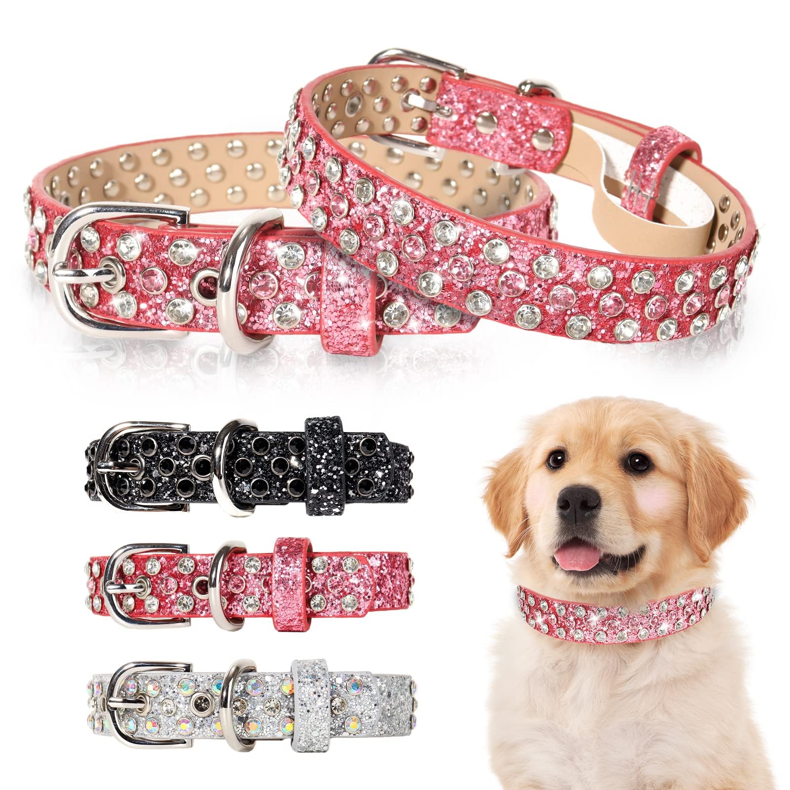 Octbersieg Rhinestone Dog Collar - Bling Collar For Small To Large Dogs - Pink Diamond Glitter Sparkle With Shining Rhinestones