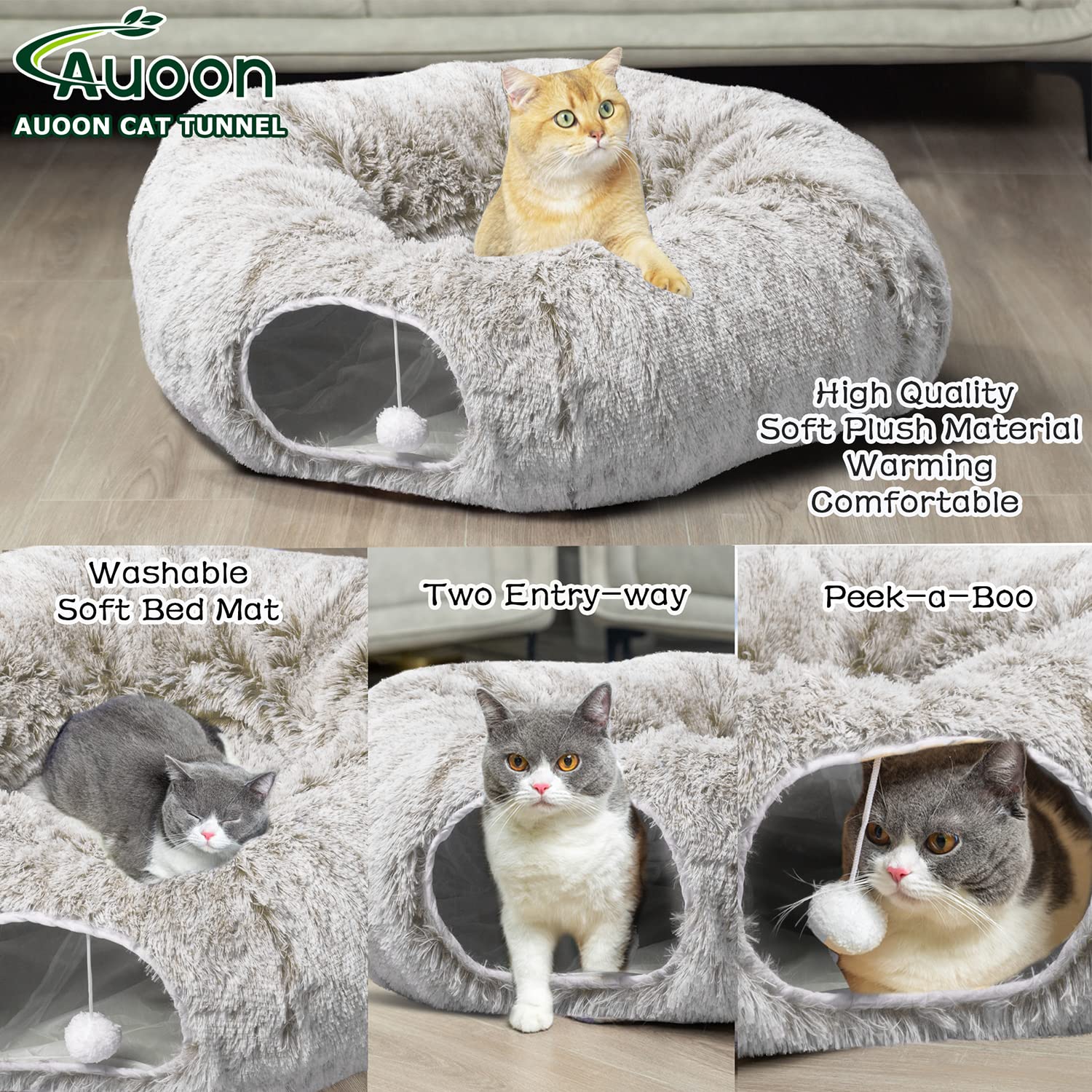 Auoon Cat Tunnel Bed With Central Mat,Big Tube Playground Toys,Soft Plush Material,Full Moon Shape For Kitten,Cat,Puppy,Rabbit,Ferret (Khaki)