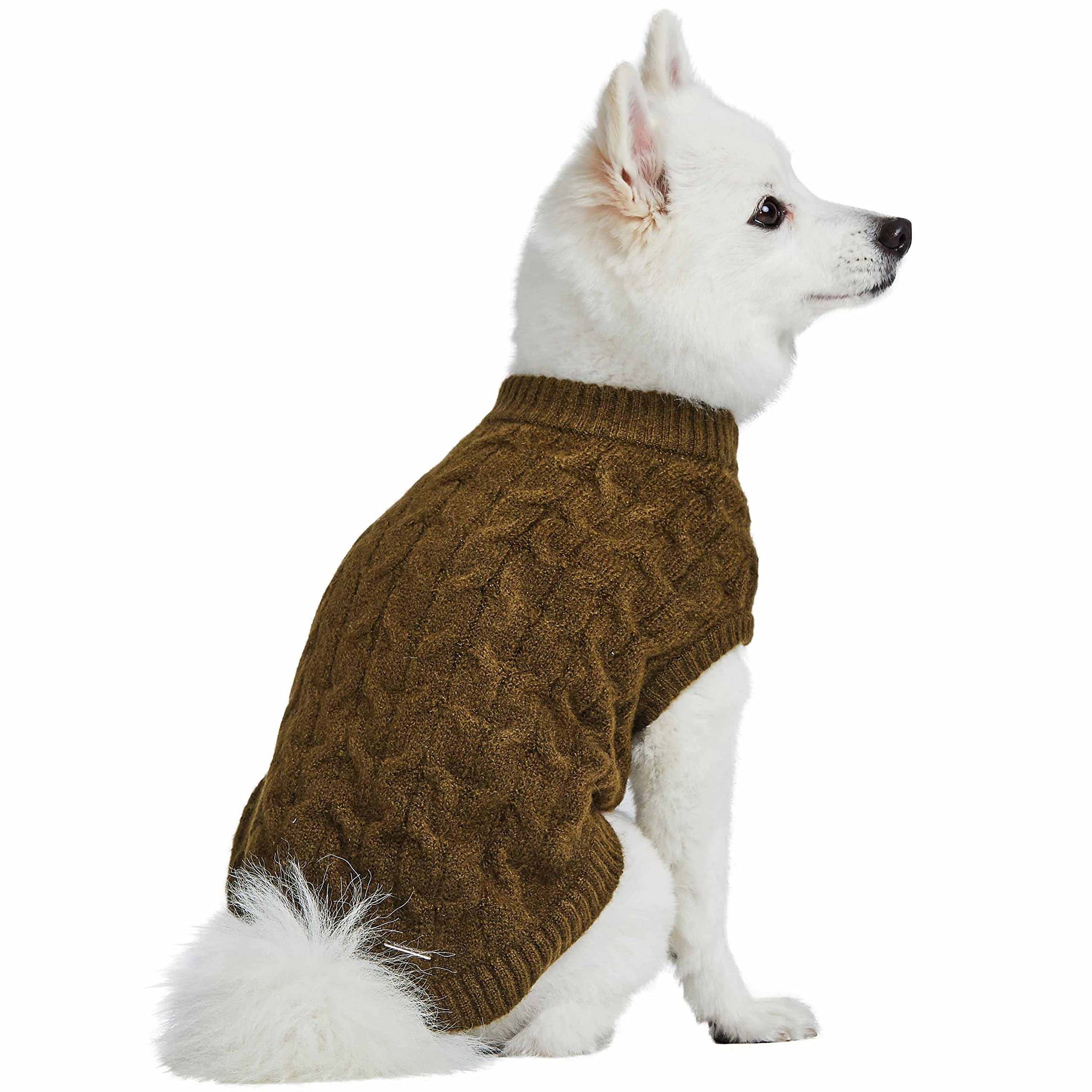 Blueberry Pet Classic Fuzzy Textured Knit Pullover Crew-Neck Dog Sweater In Dark Olive, Back Length 18'', Pack Of 1 Clothes For