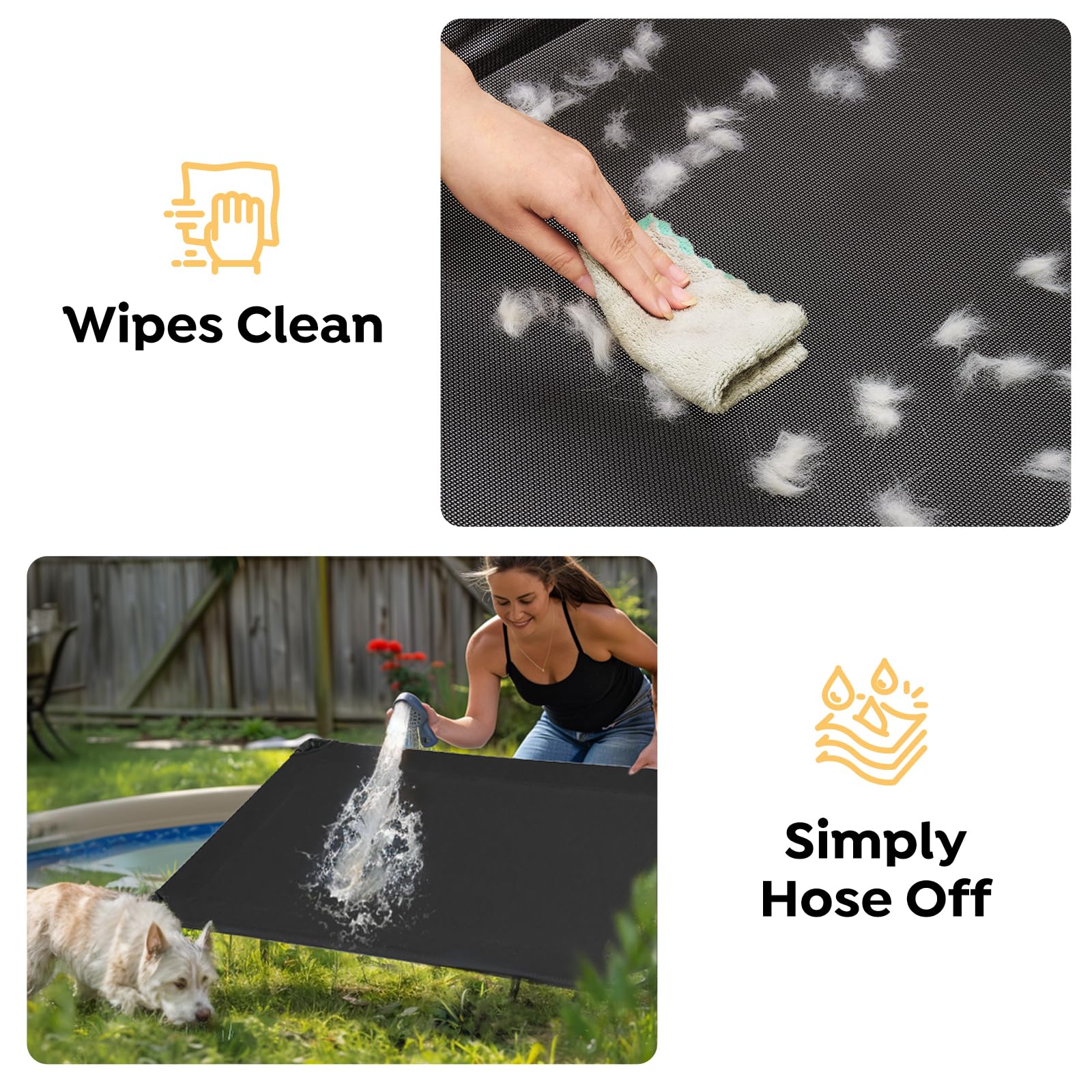 Veehoo Elevated Dog Bed, Portable Raised Cot, 42"x30"x7", Washable Mesh, Black Silver, Model CWC1803-L, Durable Indoor/Outdoor Use