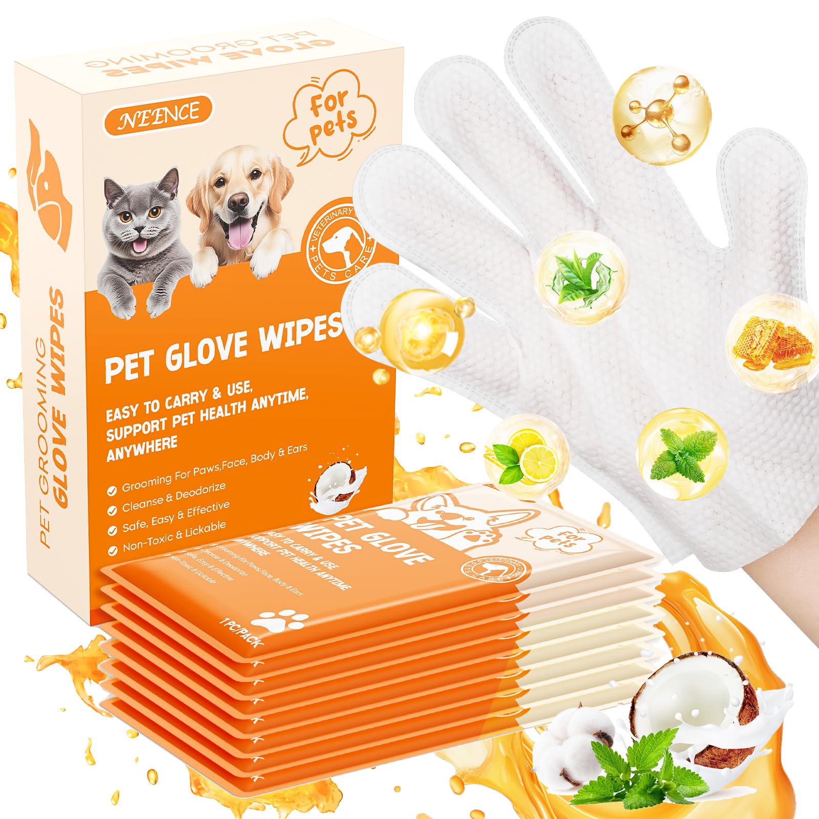 Neence Extra Thick Pet Glove Wipes For Dogs & Cats, Dog Washing Gloves Cleaning Deodorizing For Paws,Butt And Body, Cat Bathing 