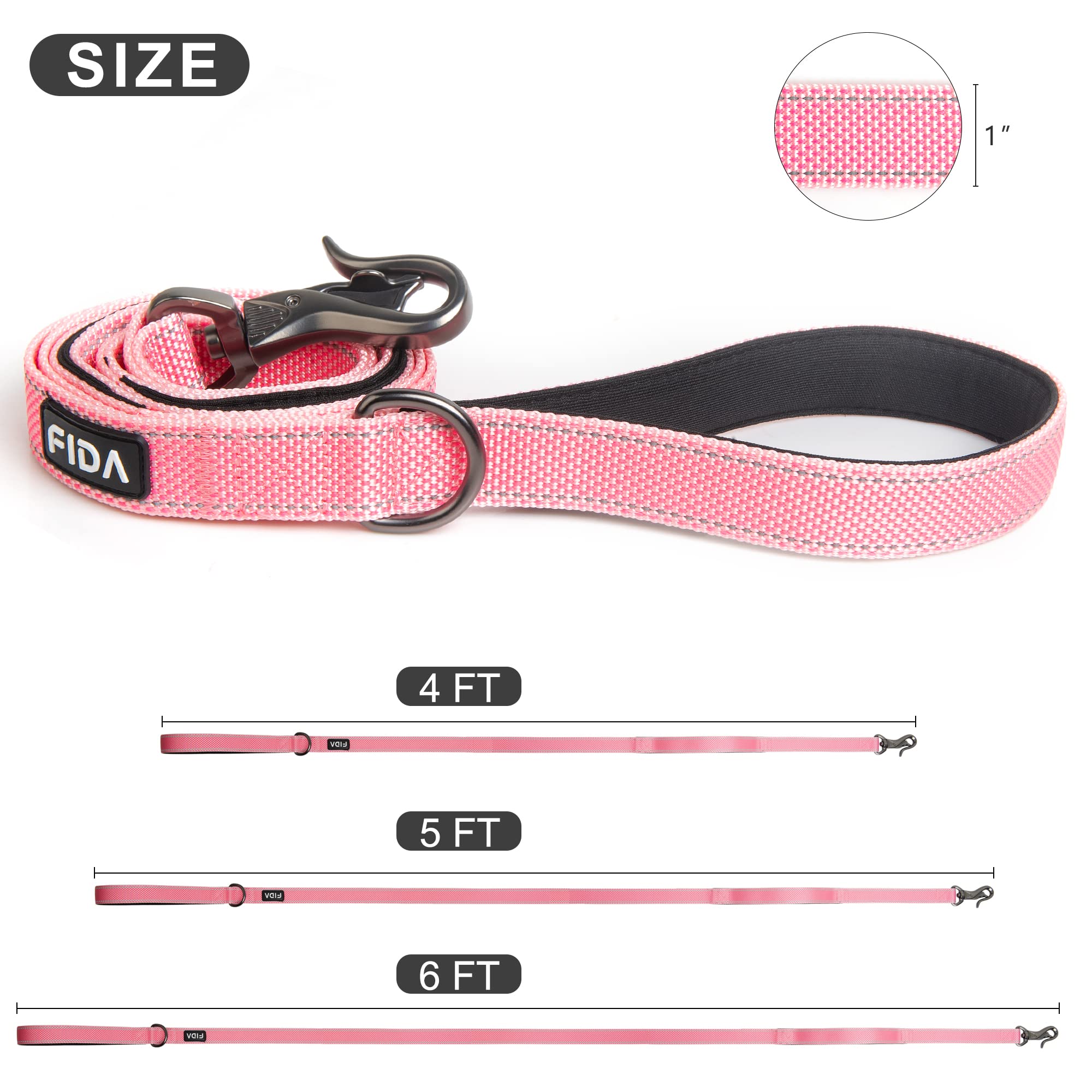 Fida 5 Ft Heavy Duty Dog Leash With 2 Comfortable Padded Handles, Traffic Handle & Advanced Easy Snap Hook, Reflective Walking Lead For Large, Medium & Small Breed Dogs, Pink