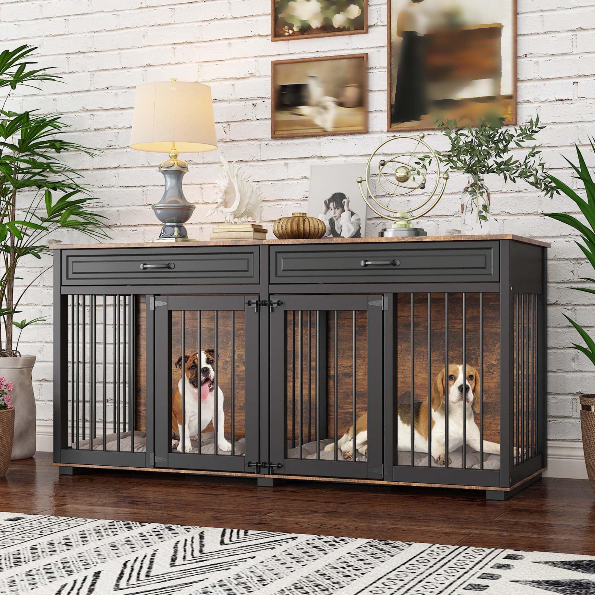 DAWNSPACES Furniture Style Dog Crate Extra Large 93  Heavy Duty Double Rooms Dog Kennel with Drawers & Removable Divider, Indoor