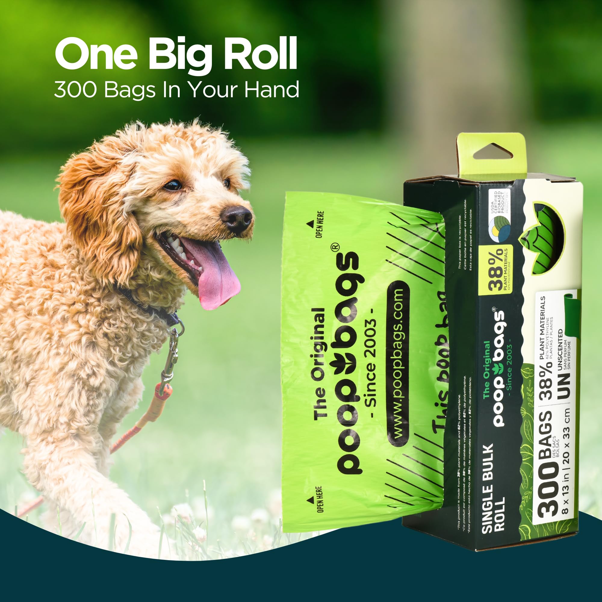 The Original Poop Bags Usda Certified 38% Plant-Based Dog Poop Bag Refills, Single Bulk Roll, Unscented, 3600 Count