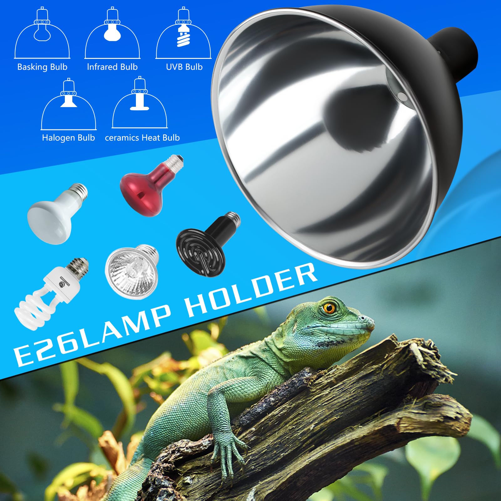 Repti Home Reptile Light Fixture, 8.5 Inch Optical Reflection Dome Heat Lamp Fixture, Uvb Heat Basking Lamp Fixture For Amphibia