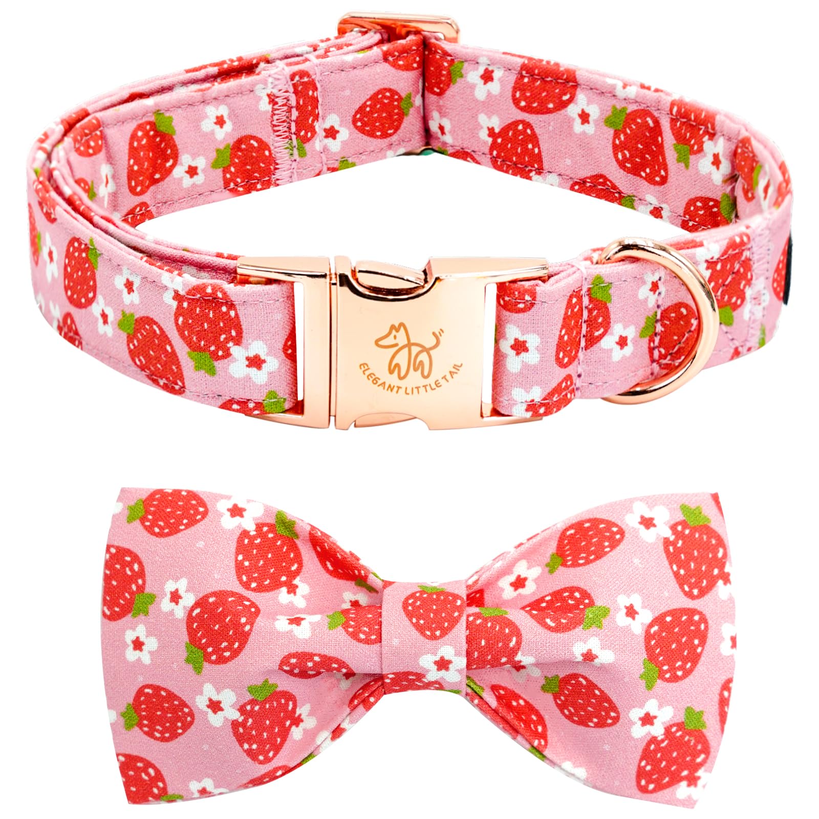 Elegant Little Tail Strawberry Print Cotton Soft Female Dog Collar, Xl, Handmade Bowtie, Unique Design, Durable Cotton Construct