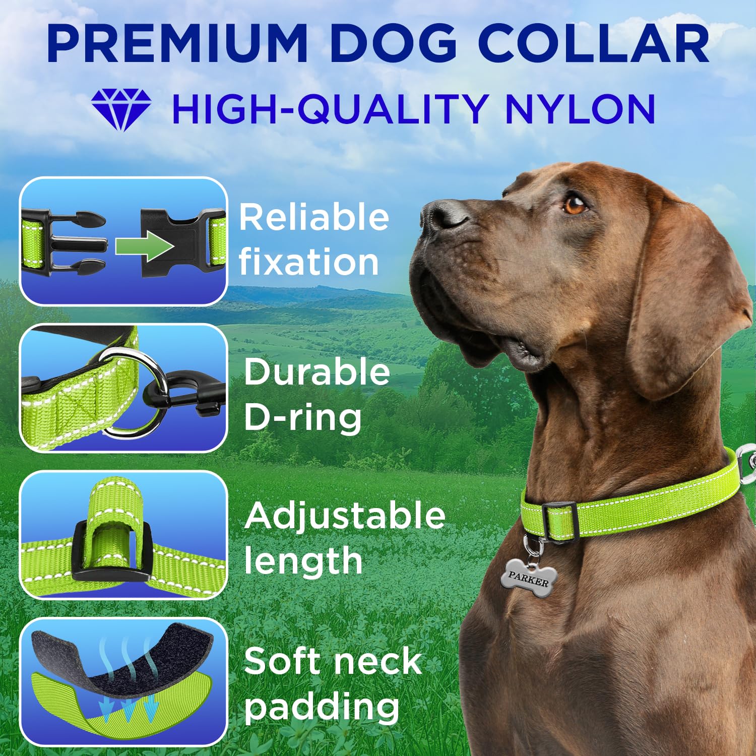 Teceum Reflective Pet Collar - Acid Green - Xs - Extra Soft Padding - Basic Nylon Dog Collar - Quick Release Buckle - Fits Small