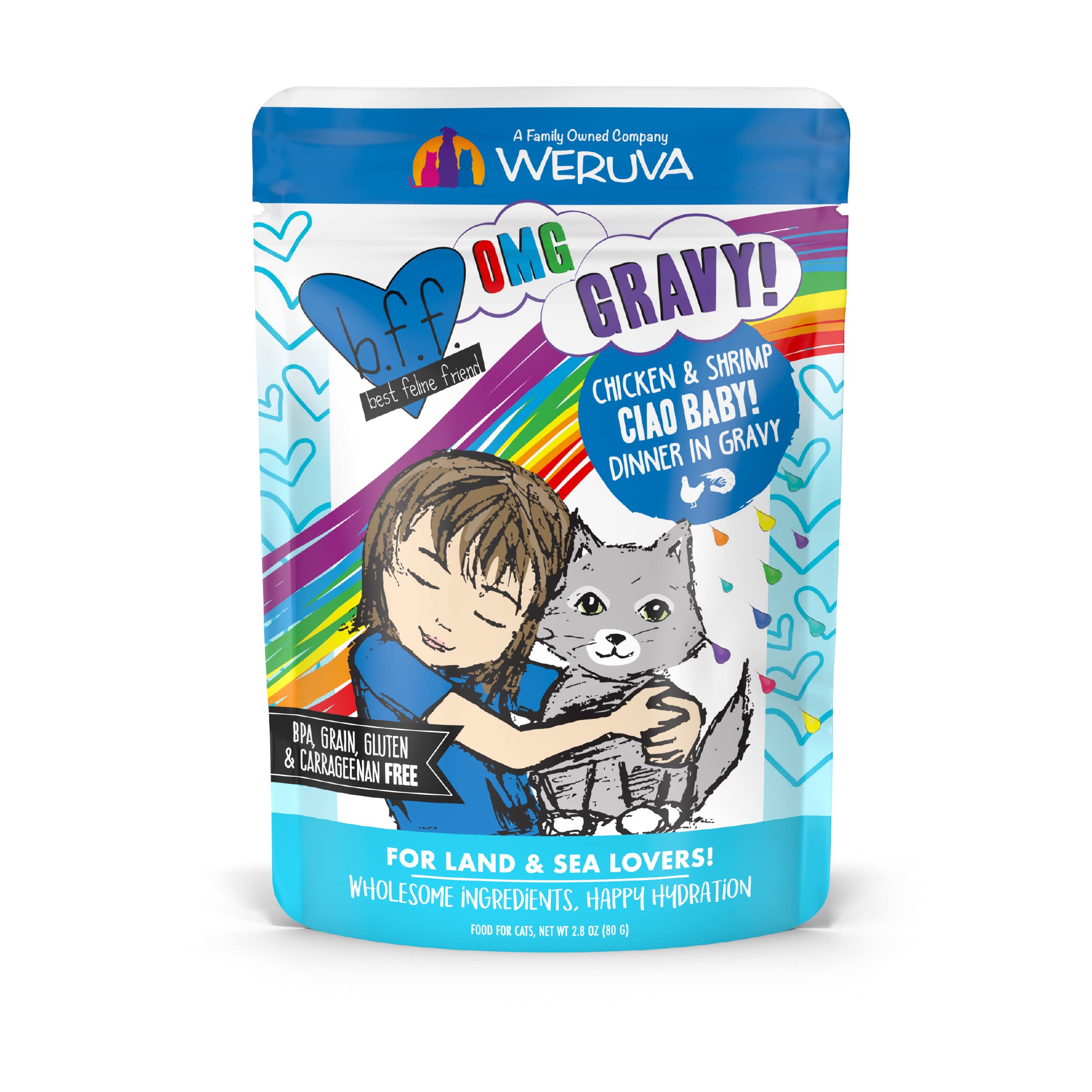 Weruva B.F.F. OMG - Best Feline Friend Oh My Gravy!, Ciao Baby! with Chicken & Shrimp in Gravy Cat Food, 2.8oz Pouch (Pack of 12