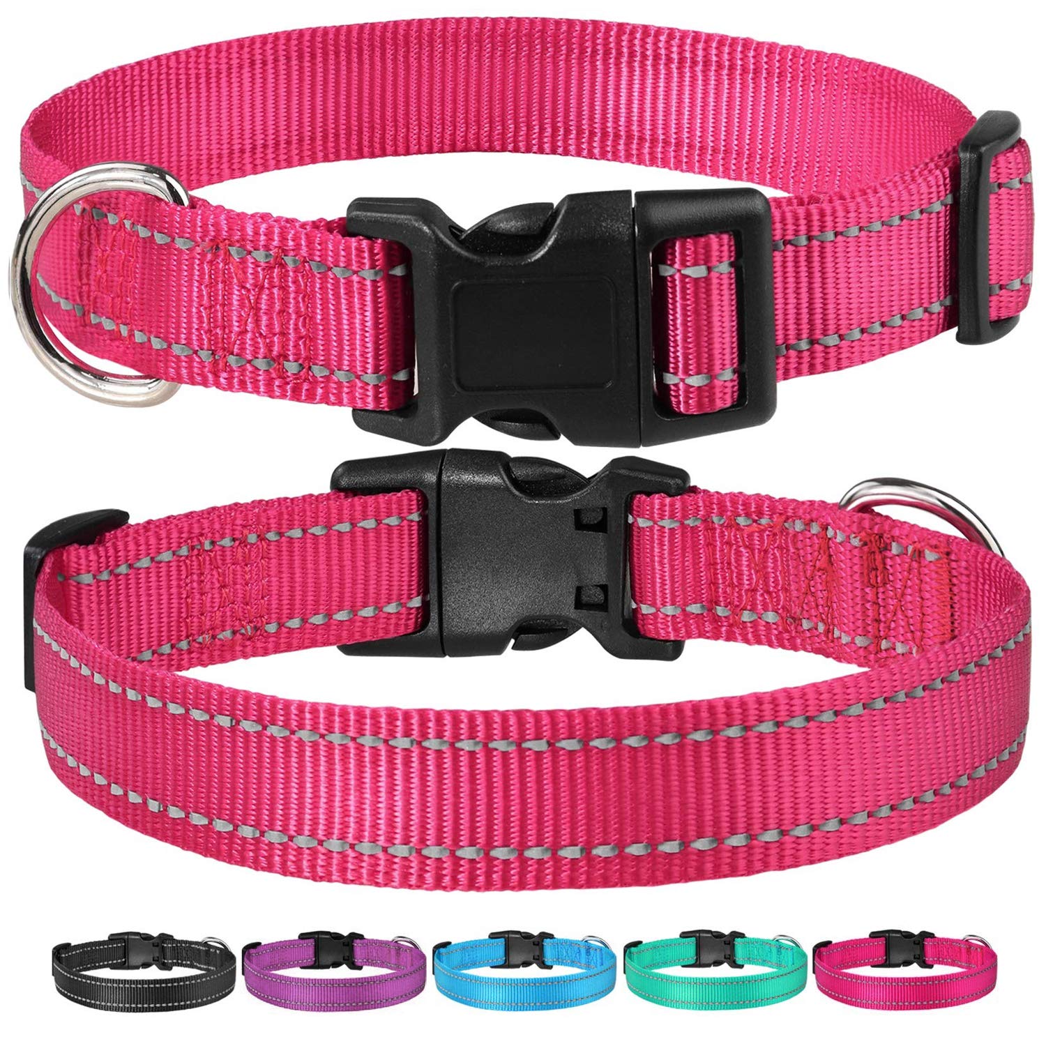 Reflective Dog Collar With Buckle Adjustable Safety Nylon Collars For Small Medium Large Dogs, Hotpink Xxs