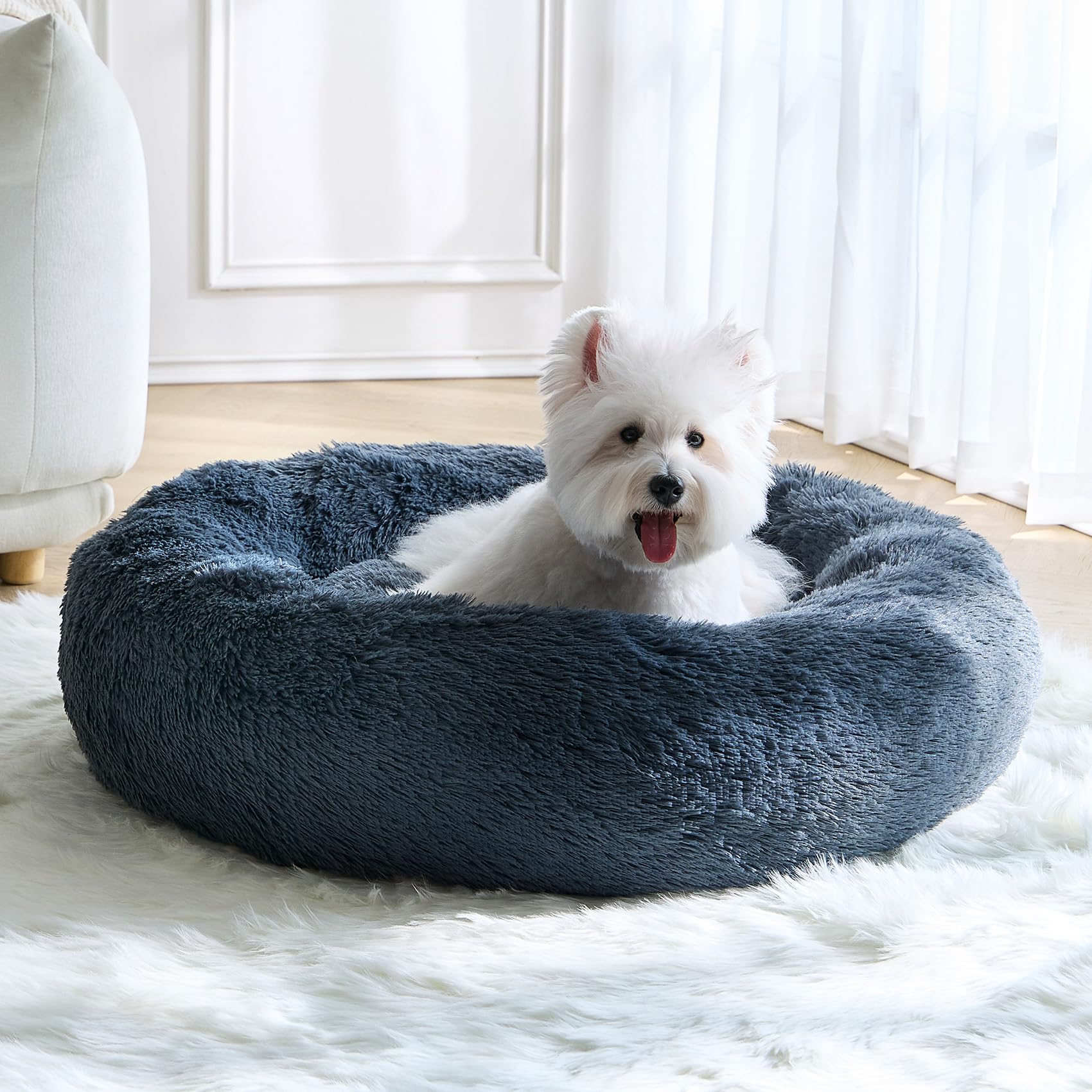 Calming Small Dog Bed, Donut Fluffy Anti-Anxiety Round Washable Cute Bed, Plush Cozy Cuddler Warming Soft Comfort Pet Bed For Sm