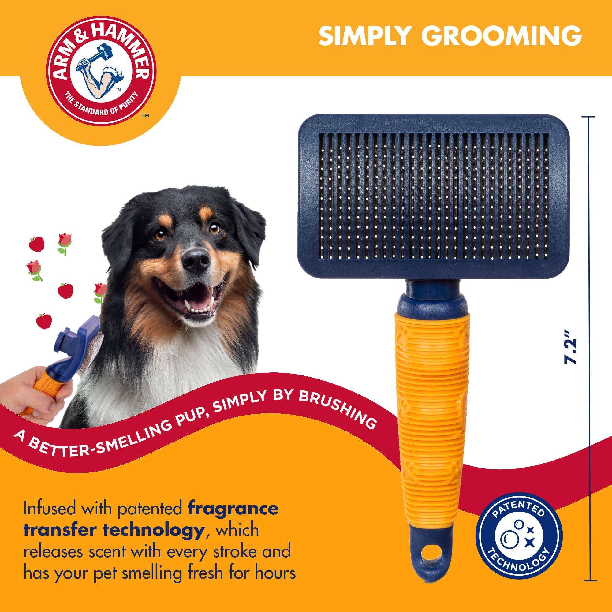 Arm & Hammer Slicker Brush for Dogs - Self-Cleaning, Scented with Sweet Apple & Rose - Navy & Yellow, Model FF33570