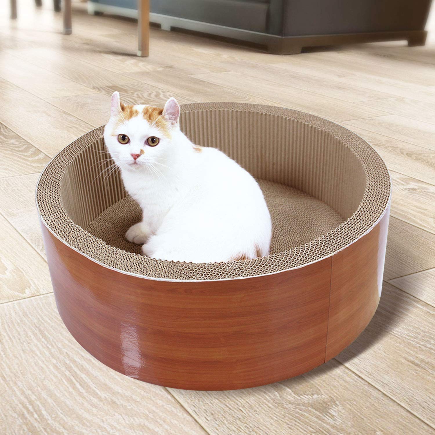 FluffyDream Cat Scratcher Post & Board, Durable Cardboard, 17.32"x17.32"x6.11", Brown-Round, Model PTFURNSCRATPADCIRL