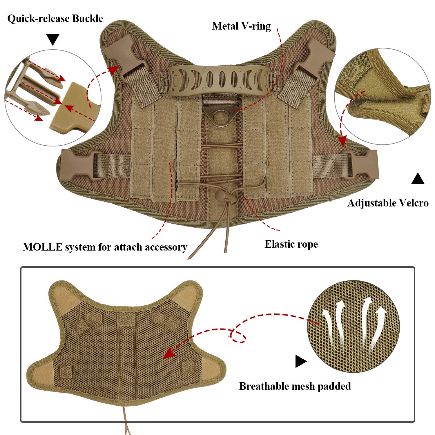 Tactical Dog Training Harness Outdoor Working Vest Adjustable Military MOLLE Dog Vest Harness with Rubber Handle Small (Pack of