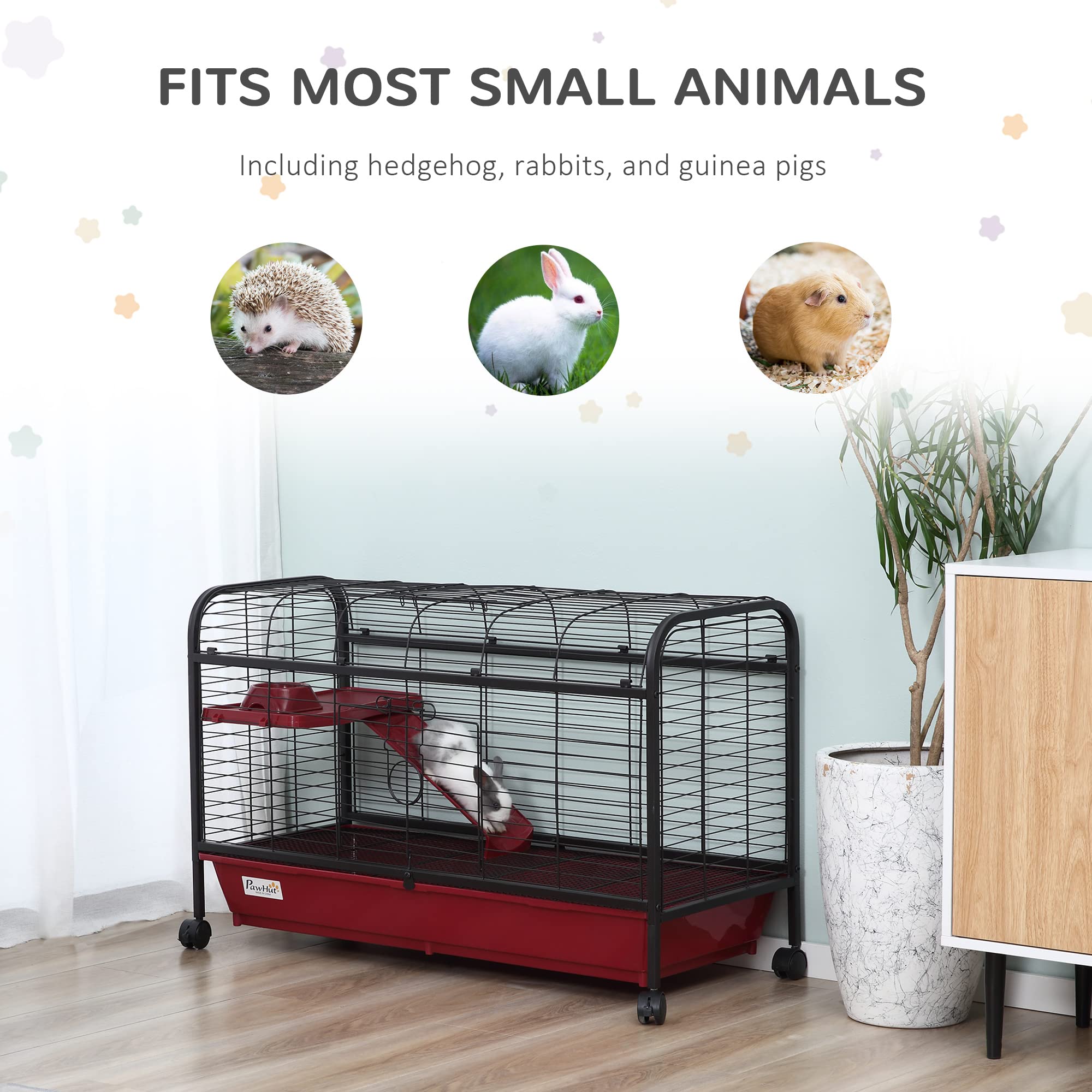 Pawhut 41' L Small Animal Cage Rabbit Hutch Ferret Pet Play House With Feeder, Rolling Wheels, Platform, Ramp