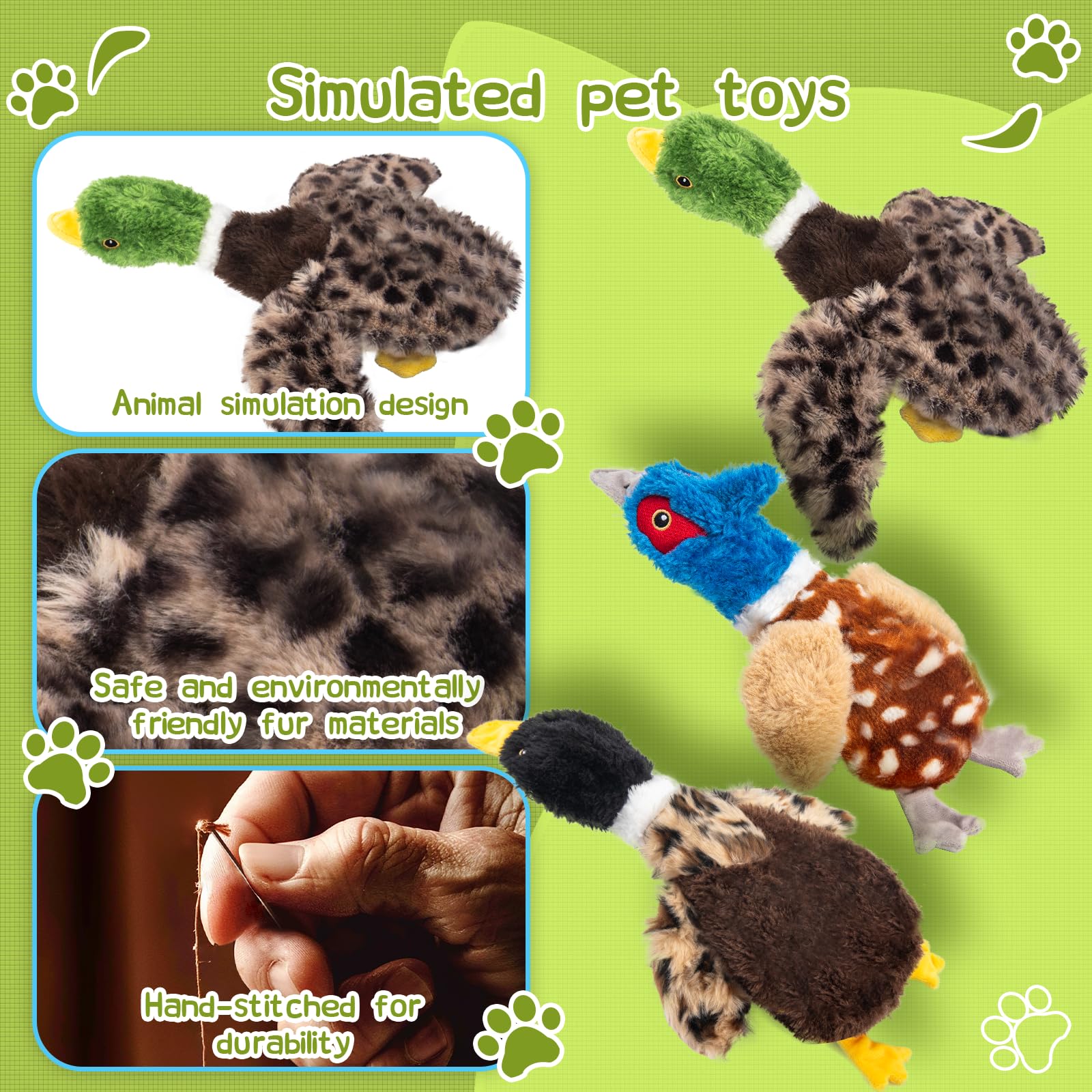 Calibonbon Duck Dog Squeaky Toy for Aggressive Chewers - No Stuffing Durable Plush with 4 Squeakers & Crinkle Wings, Chew Proof