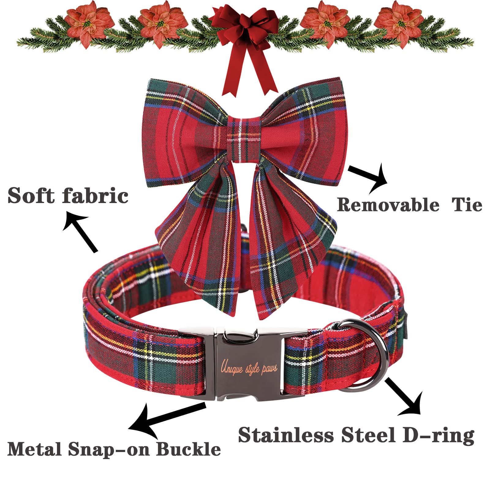 Unique Style Paws Christmas Dog Collar With Bow Tie Red Plaid Puppy Collar For Small Medium Large Dogs As Autumn Winter Gifts -M