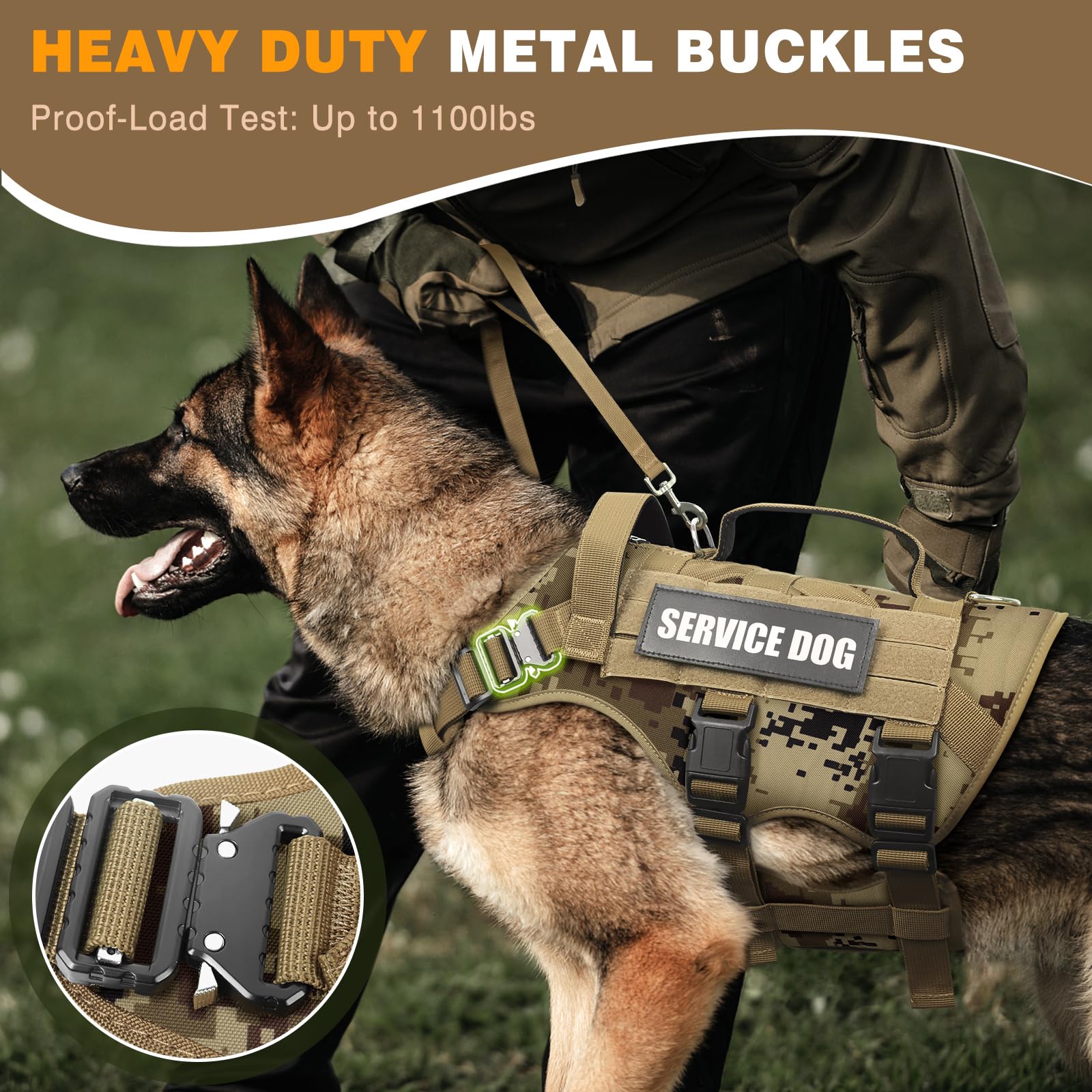 Winsee Service Dog Vest Harness For Large Dog, Tactical Working Molle Vest With 10 Pet Patches, No Pull Heavy Duty Harness For T