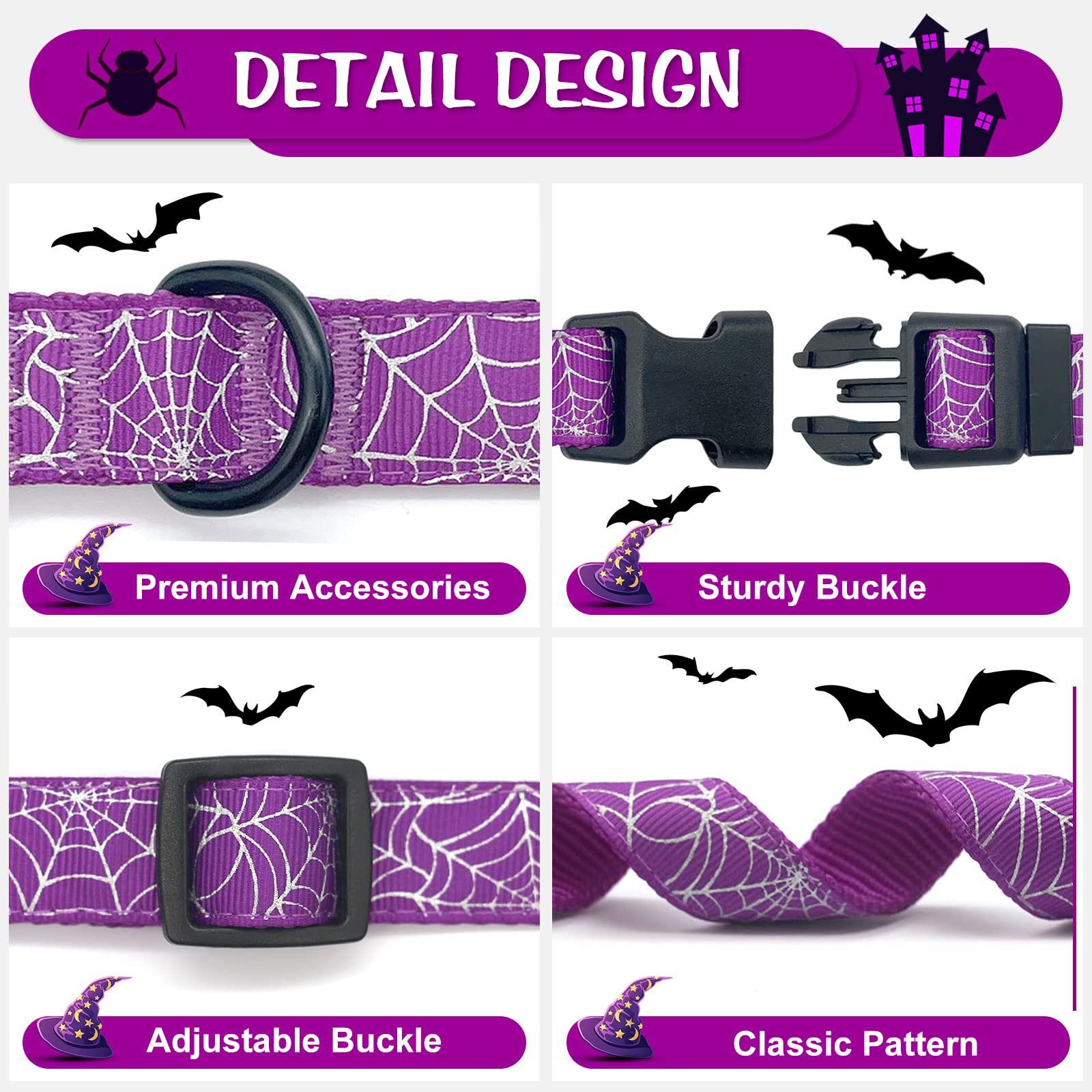 Azuza Halloween Dog Collars With Bow Cute Sequined Spider Purple Dog Collar With Lace Bow Tie Gifts On Halloween For Medium Dogs
