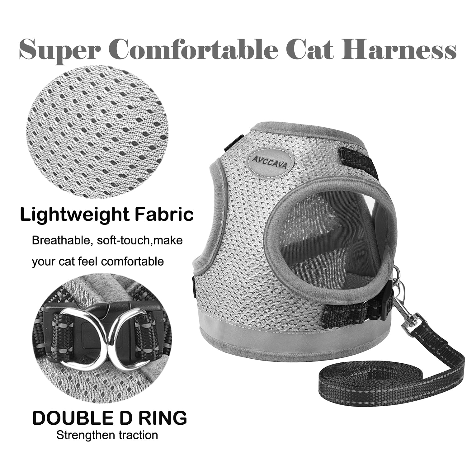 Cat Harness And Leash For Walking, Kitten Escape Proof Harnesses, Adjustable Reflective Puppy Harness With Leashes Set, Easy Adjustable Soft Net Breathable Pet Safety Vest M (Chest: 12' - 14') Grey