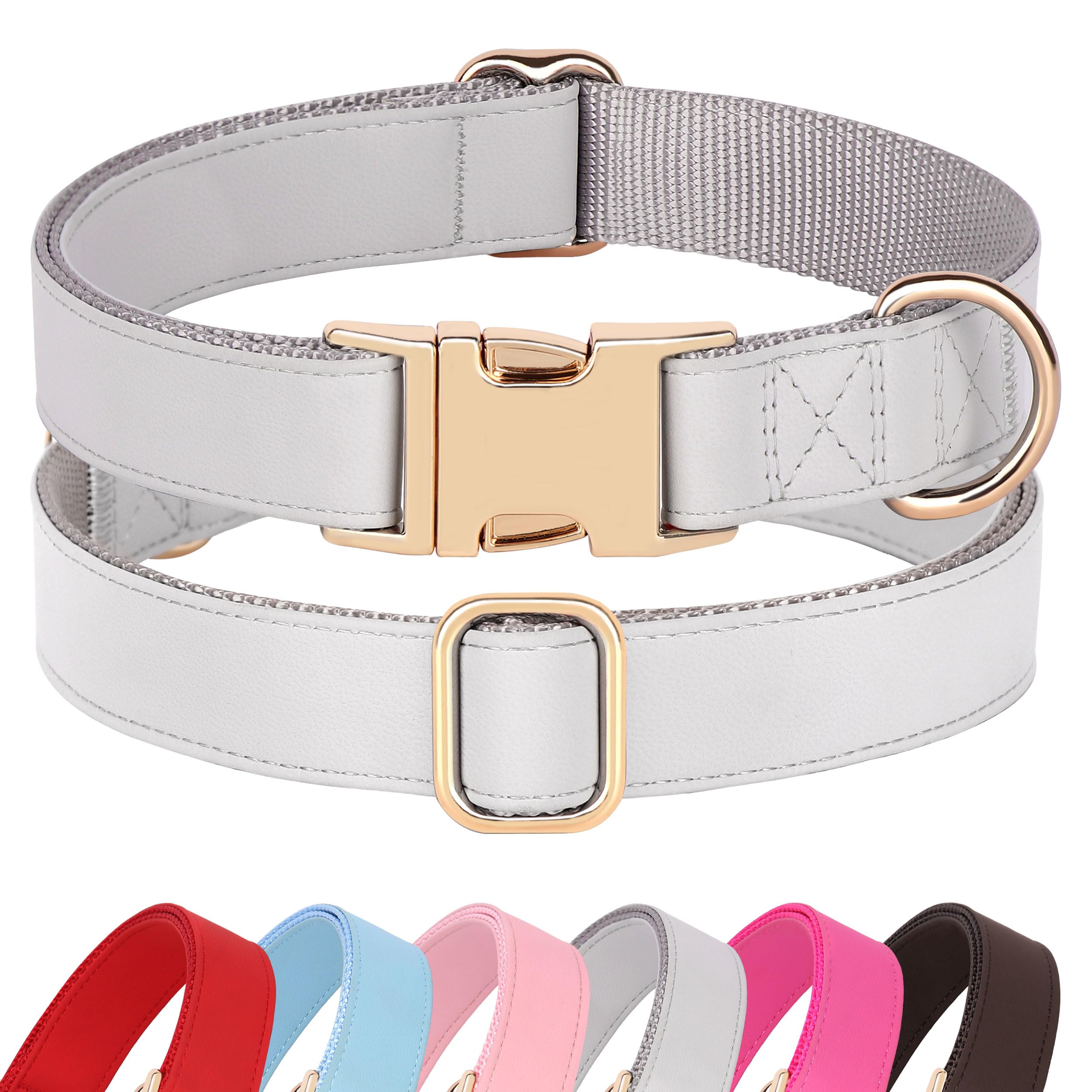 Pet Artist Charming Nylon Dog Collar With Leather Soft Comfy Elegant Nylon Collars For Dogs Small Medium Large 4 Bright Solid Color For Choosing Blue Red Brown Grey (Grey,Neck Fit 9-14'')