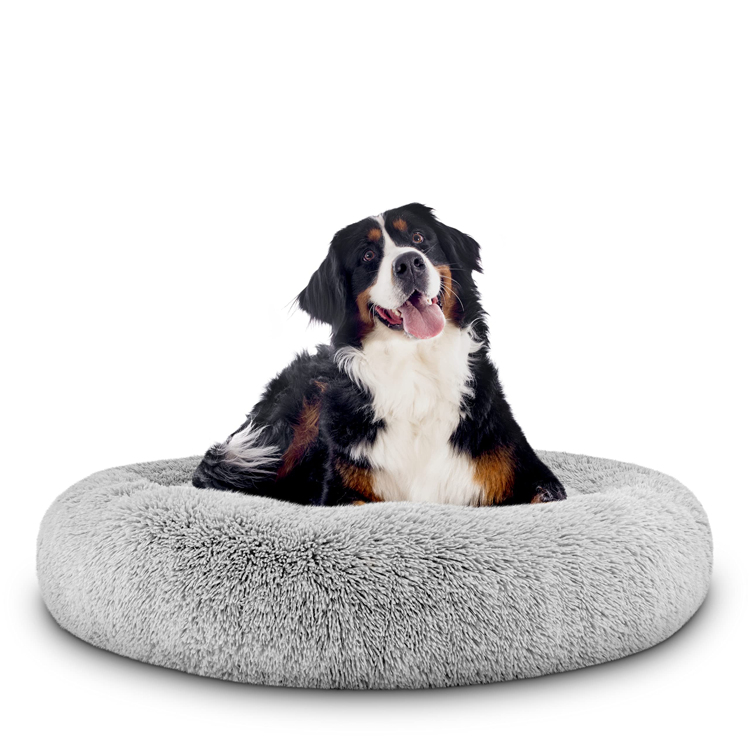 The Dogs Bed Sound Sleep Donut Dog Bed, XL Silver Grey Fur Calming Nest Bed Removable Cover, Veterinary Approved