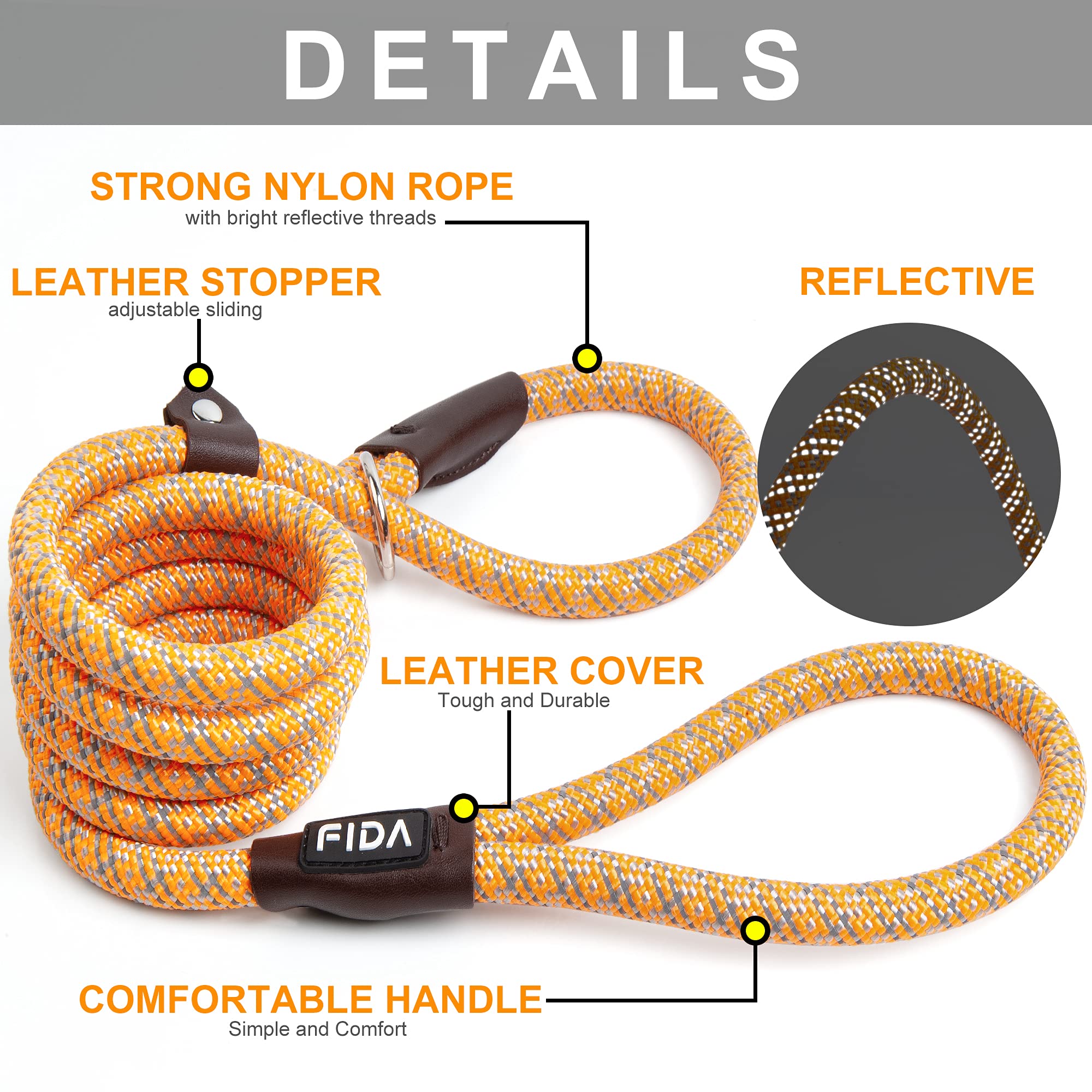 Fida Durable Slip Lead Dog Leash Bulk Pack Of 5, Heavy Duty 1/2' X 6 Ft Comfortable Strong Rope Slip Leash For Large, Medium Dogs No Pulling Pet Training Leash With Highly Reflective (Orange)