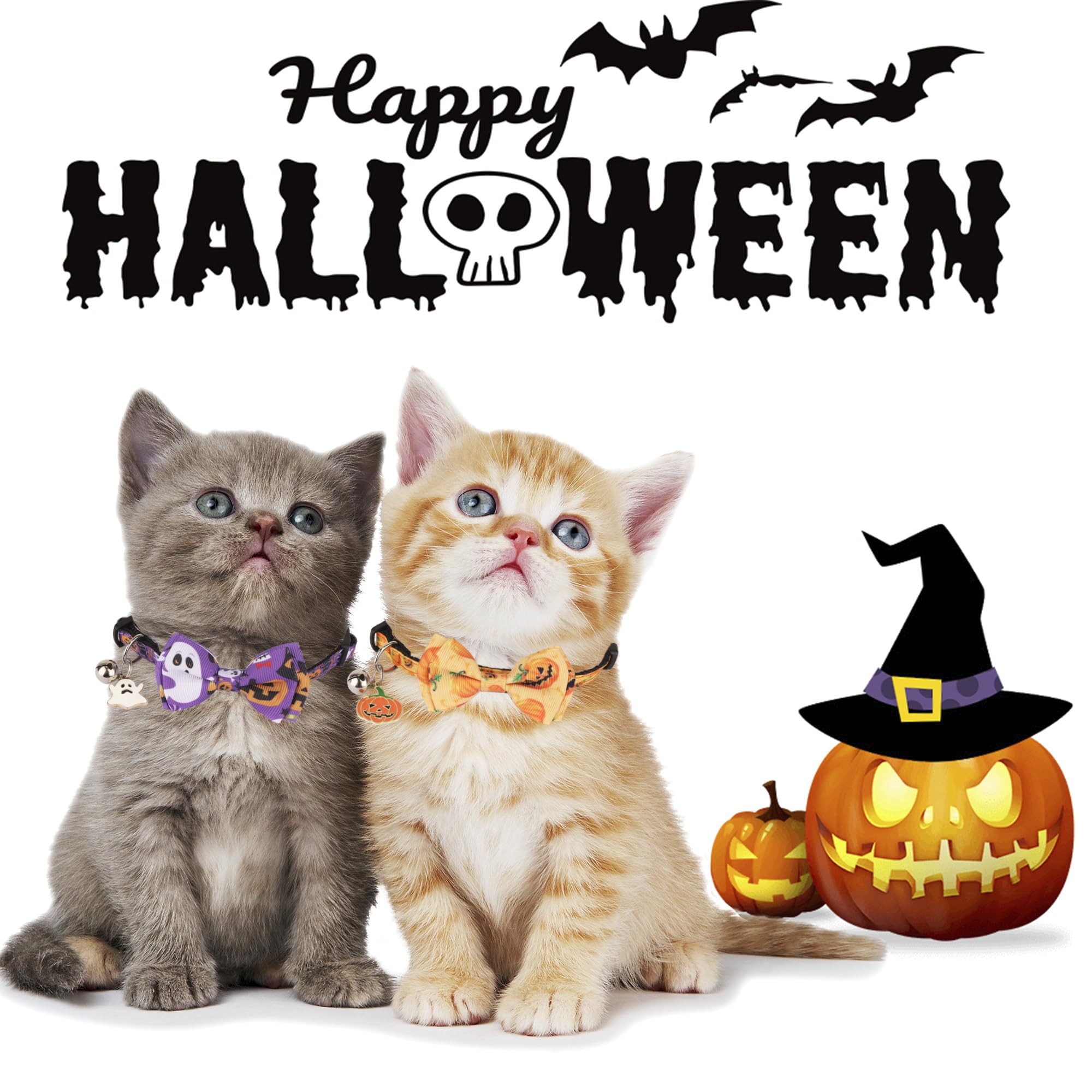 Adoggygo Halloween Cat Collars With Bow Bell, Breakaway Cat Collar With Bowtie Pumpkin Ghost Cat Kitten Collar For Girl Boy Cats Kittens (Halloween)