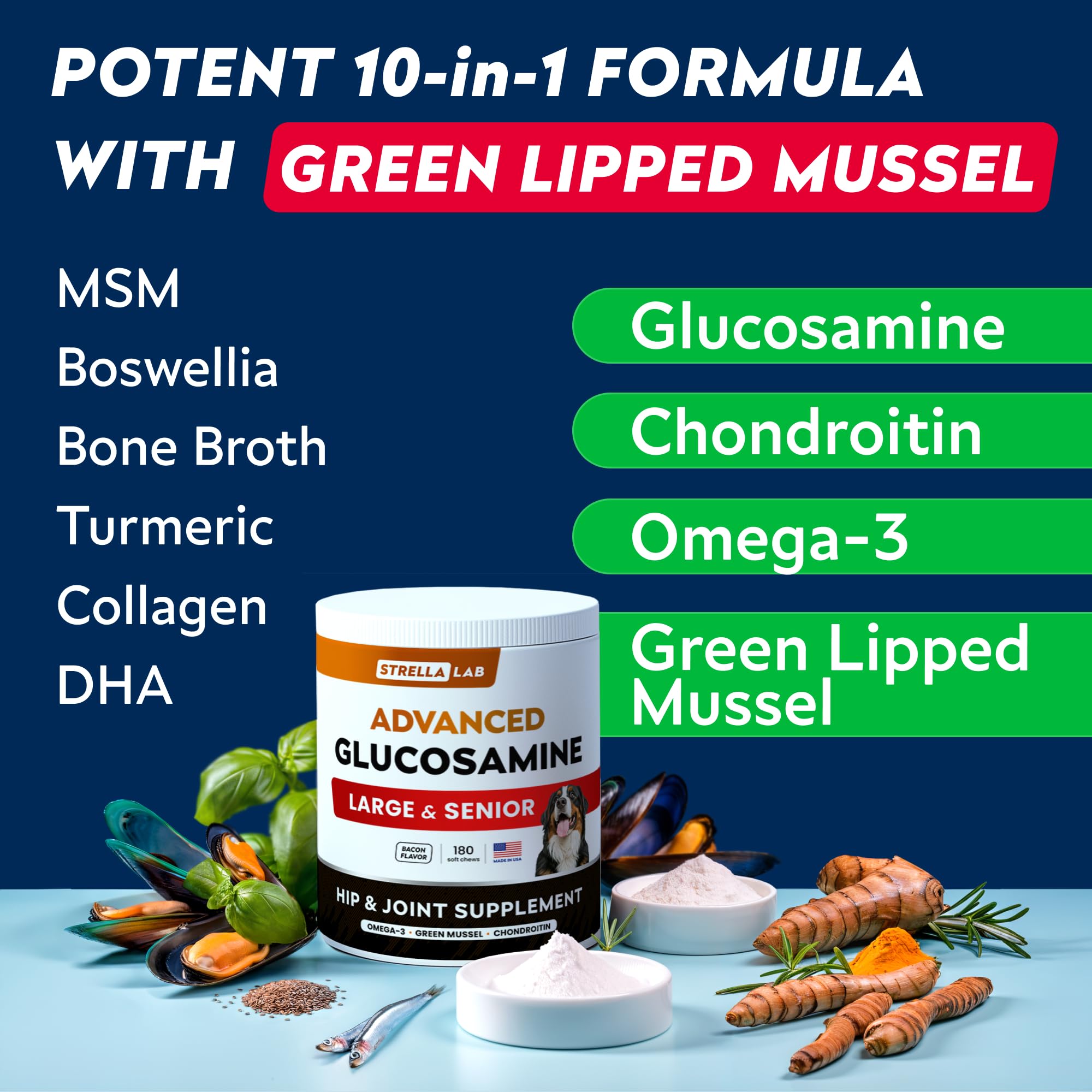 Advanced Glucosamine Chondroitin Joint Supplement for Dogs - Hip & Joint Pain Relief Pills - Green Lipped Mussel & Collagen - La