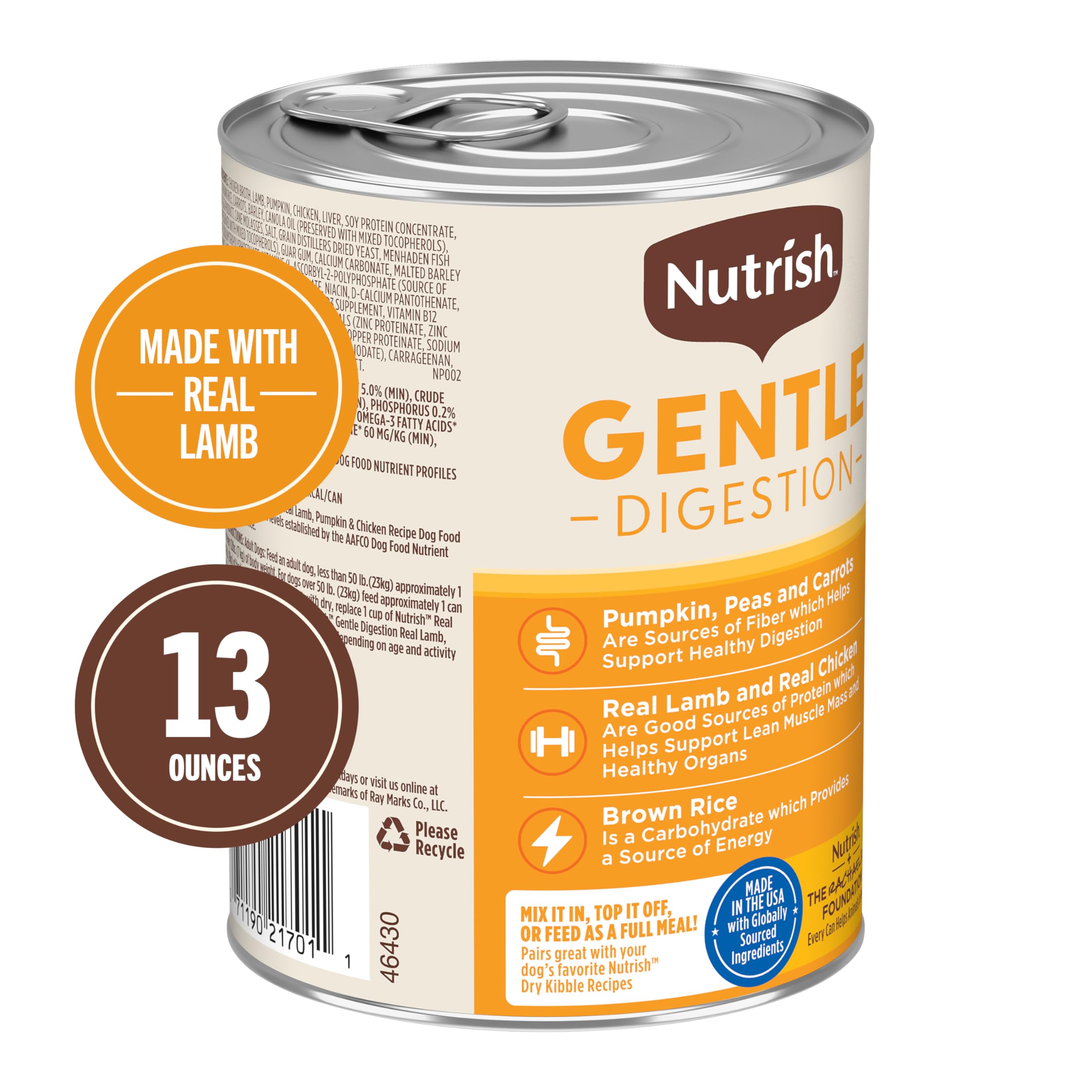 Nutrish Rachael Ray Chunks in Gravy Gentle Digestion Wet Dog Food, Real Lamb, Pumpkin & Chicken Recipe, 13 oz. Cans (Pack of 12)