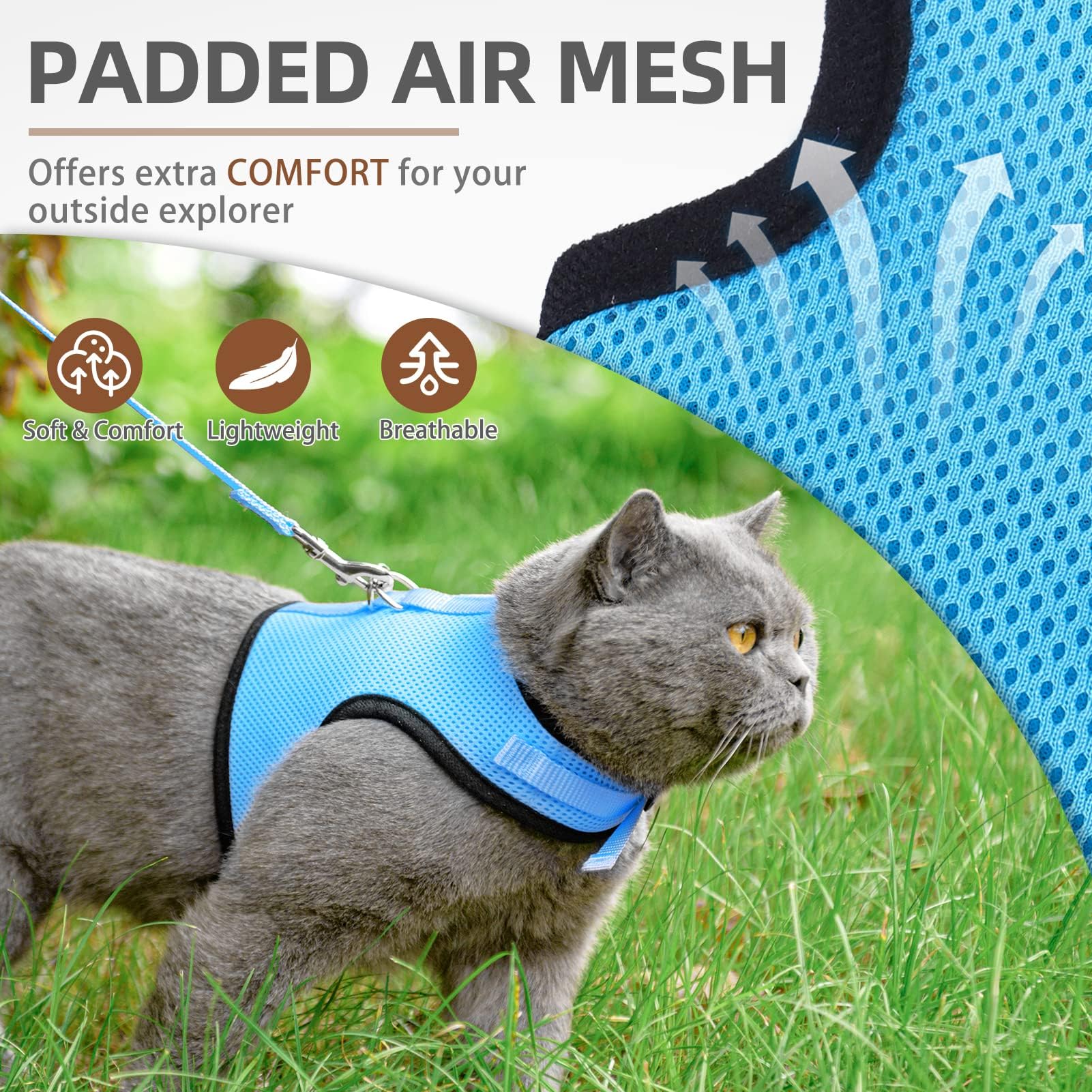 PUPTECK Soft Mesh Cat Vest Harness & Leash Set, Escape Proof for Small Dogs & Cats, Blue, S (Neck 6", Chest 8.5")