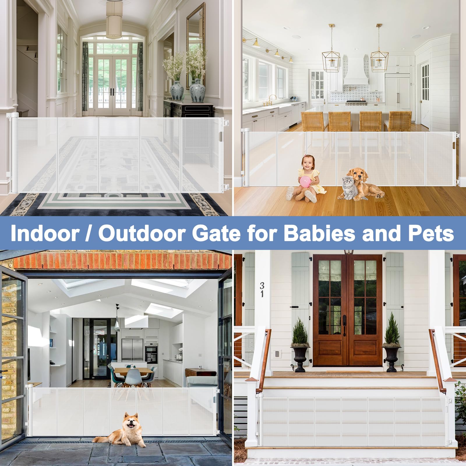 Sair Pet 200" Extra Long Dog Gate, 33" Tall, White PVC Mesh Retractable Baby Gate for Indoor/Outdoor Use, Model SE-A136