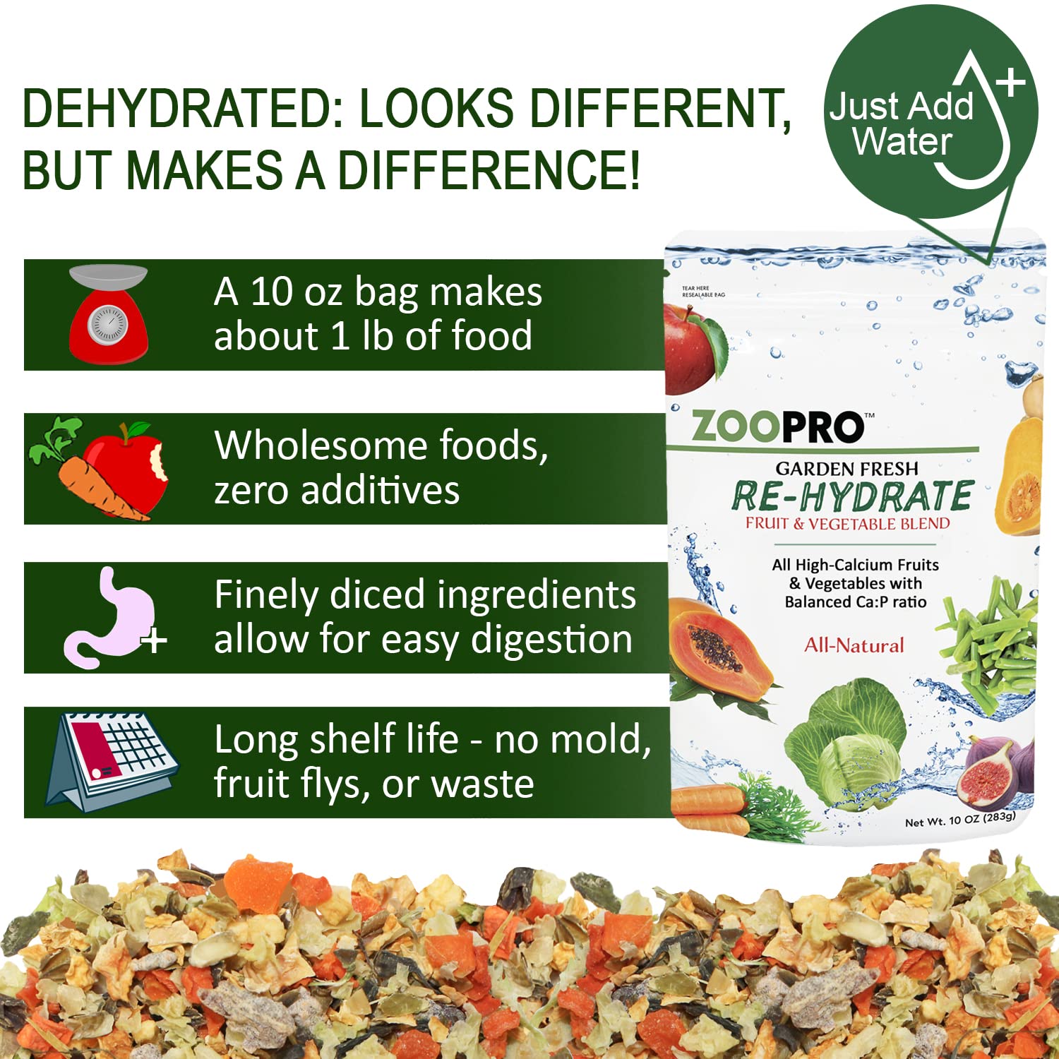 Exotic Nutrition Garden Fresh Re-Hydrate - High Calcium Dried Fruit & Vegetable Mix - for Sugar Gliders, Marmosets, Parrots, Con