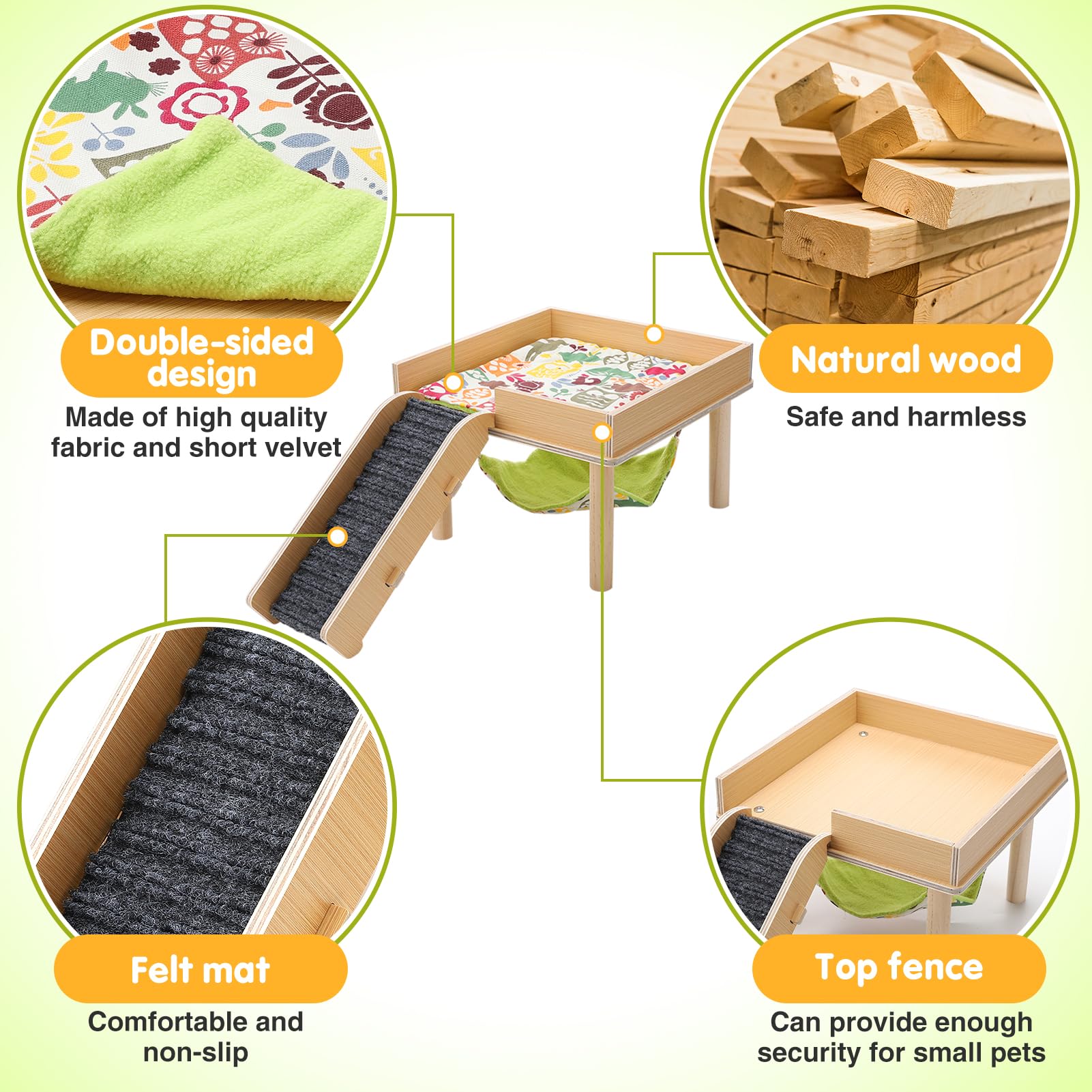 MEWTOGO Guinea Pigs Hammock with Platform, Wooden Hideout Bed for Small Pets, Single Hammock Size