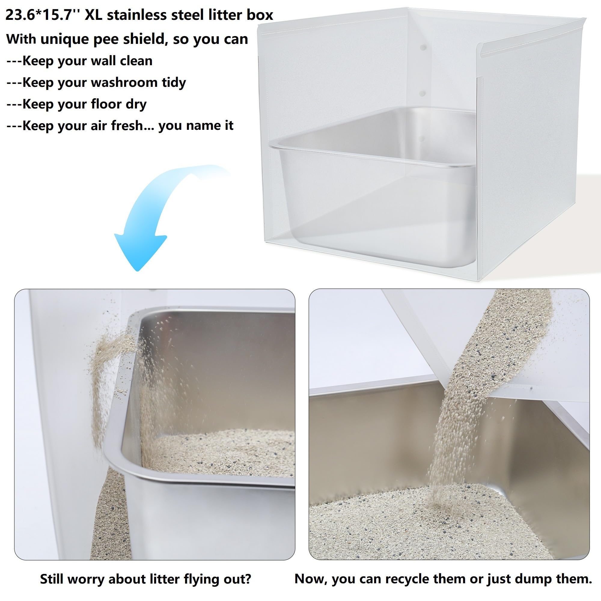 Jimeiqi Stainless Steel Litter Box 2 Pack, 23.6X15.7X5.9 Extra Large Stainless Steel Cat Box With 15.8In High Side Pee Shi