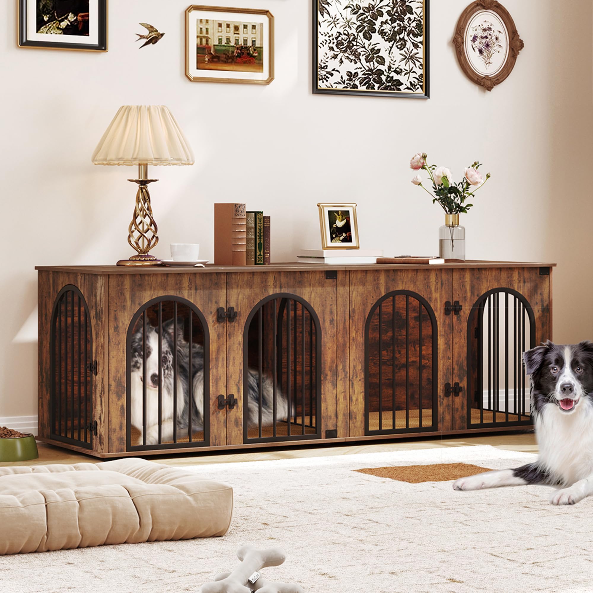 Hzuaneri 88.4 Dog Crate Furniture for 2 Dogs, Heavy Duty Indoor Dog Kennel TV Stand, XXL Wooden Dog Cage with Divider for Medium