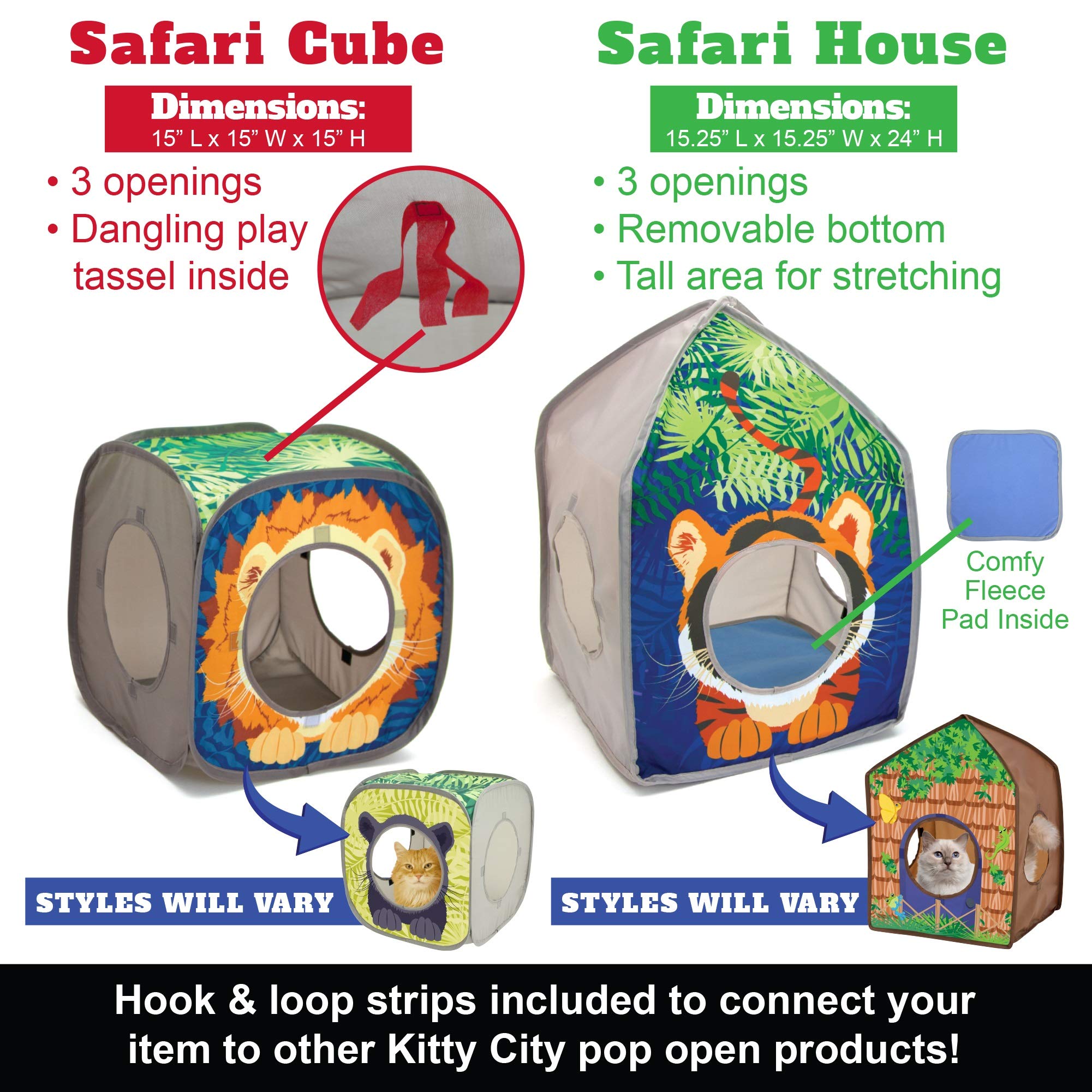 Kitty City Safari Play Cubee - Multicolor Cat Cube, 15" H x 15" W, Polyester Play Kennel & Bed, Model SP-0376-CS01