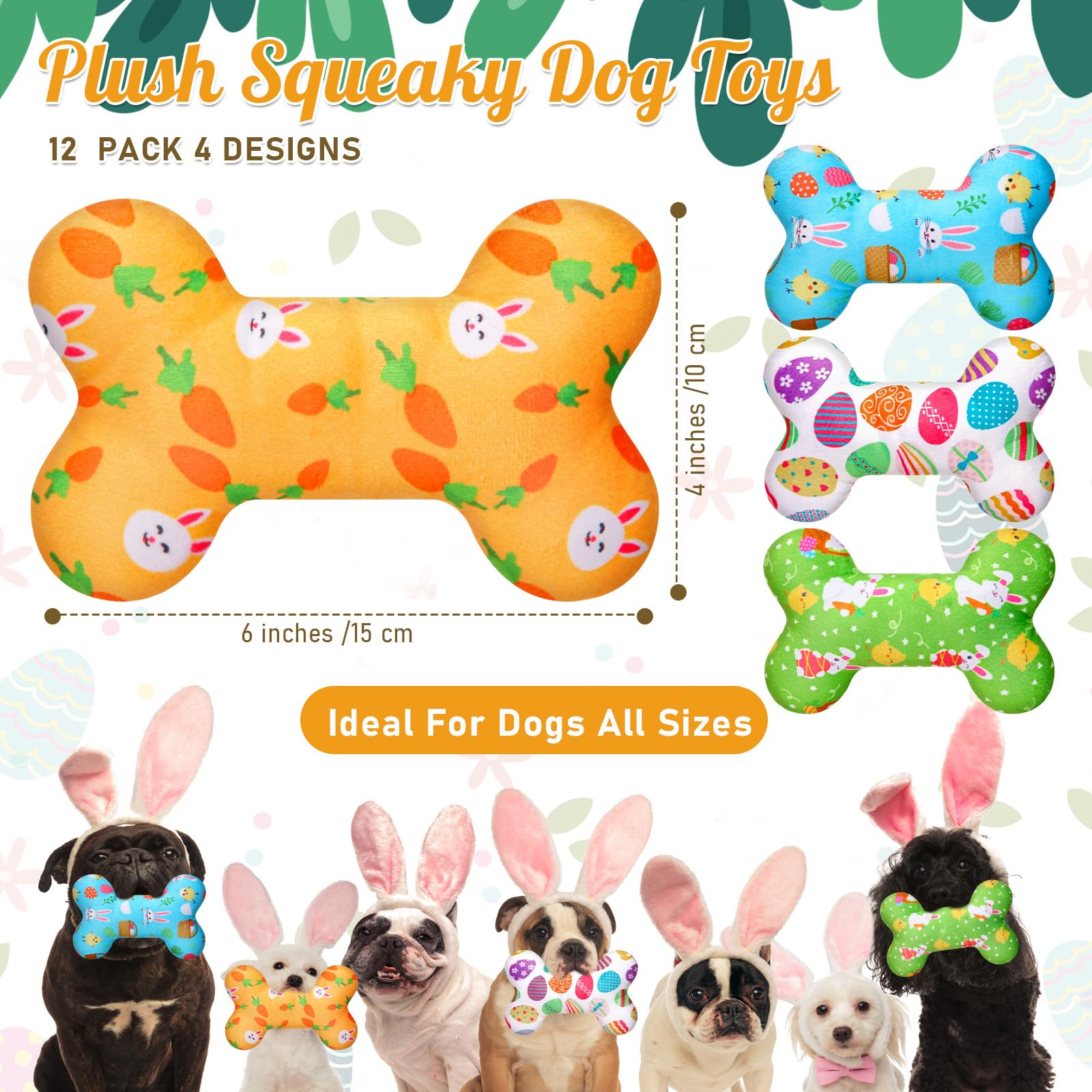 Siltriangle 12 Pack Easter Dog Toys Easter Dog Squeaky Bone Toys Plush Squeaky Dog Toys Durable Cute Interactive Dog Stuffed Che