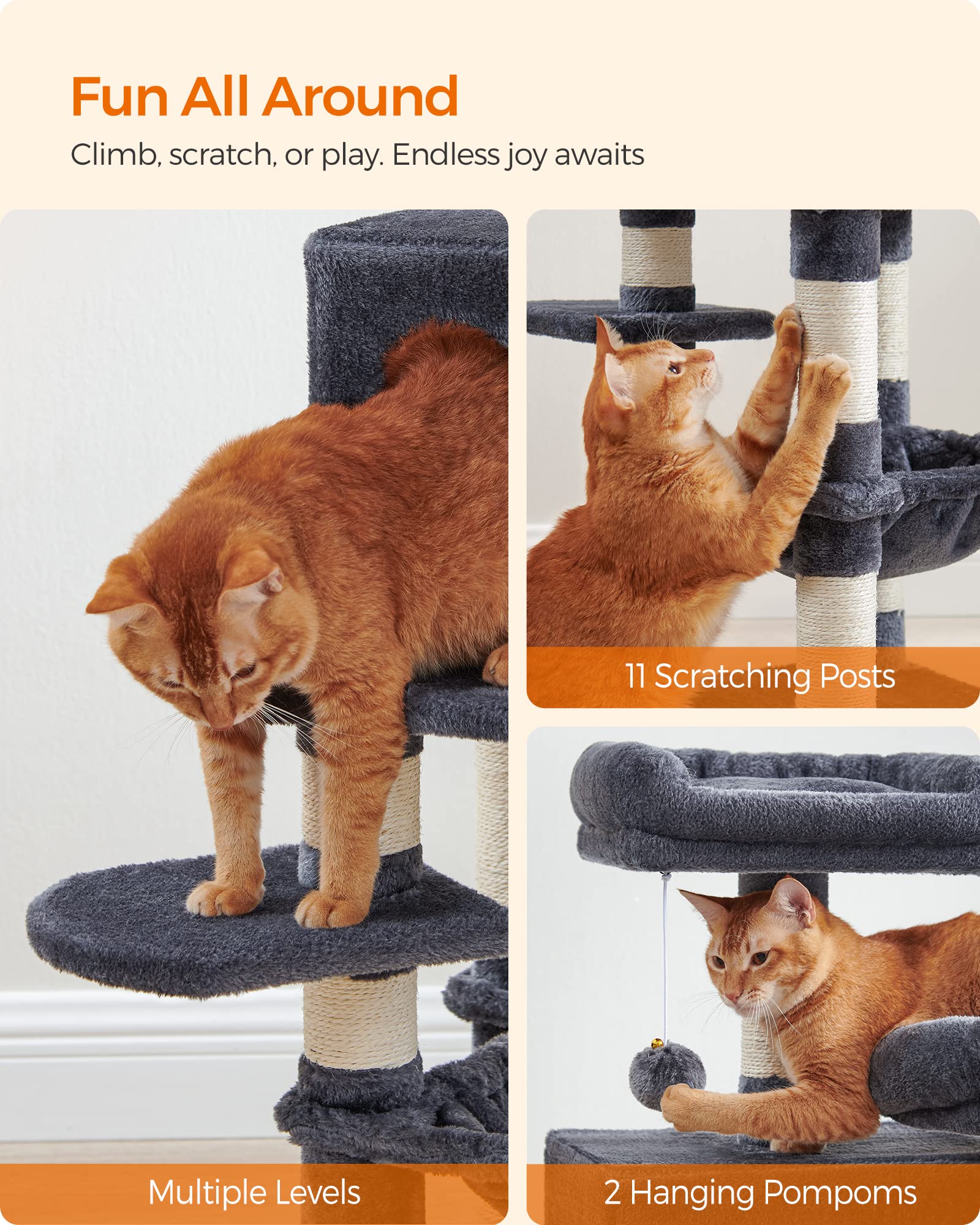 Feandrea Cat Tree, 44.1-Inch Cat Tower For Indoor Cats, Multi-Level Cat Condo With 11 Scratching Posts, 2 Perches, Cave, Hammock